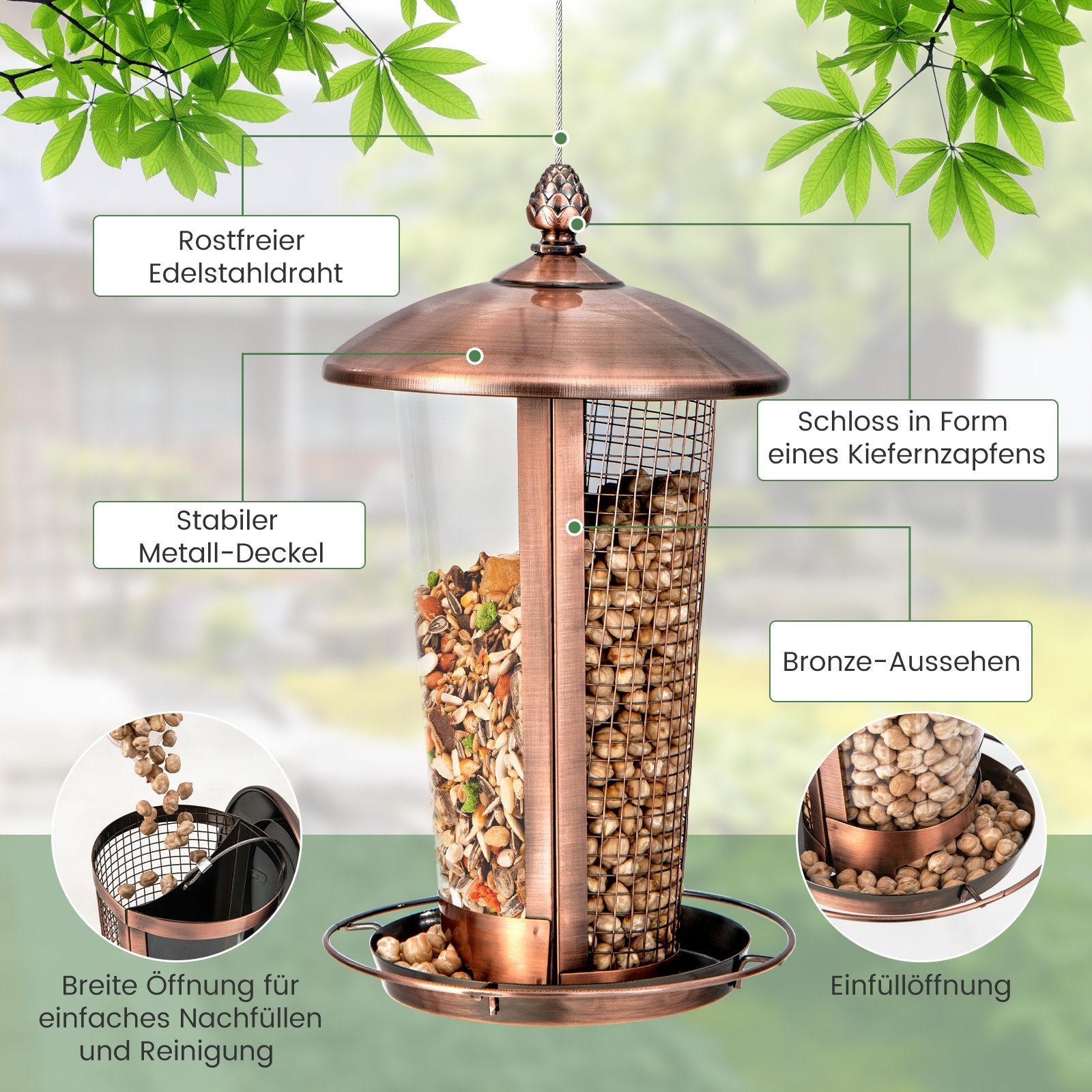 COSTWAY Futterspender, 2 Röhre für Verschiedene Vogelsamen, aus Metall