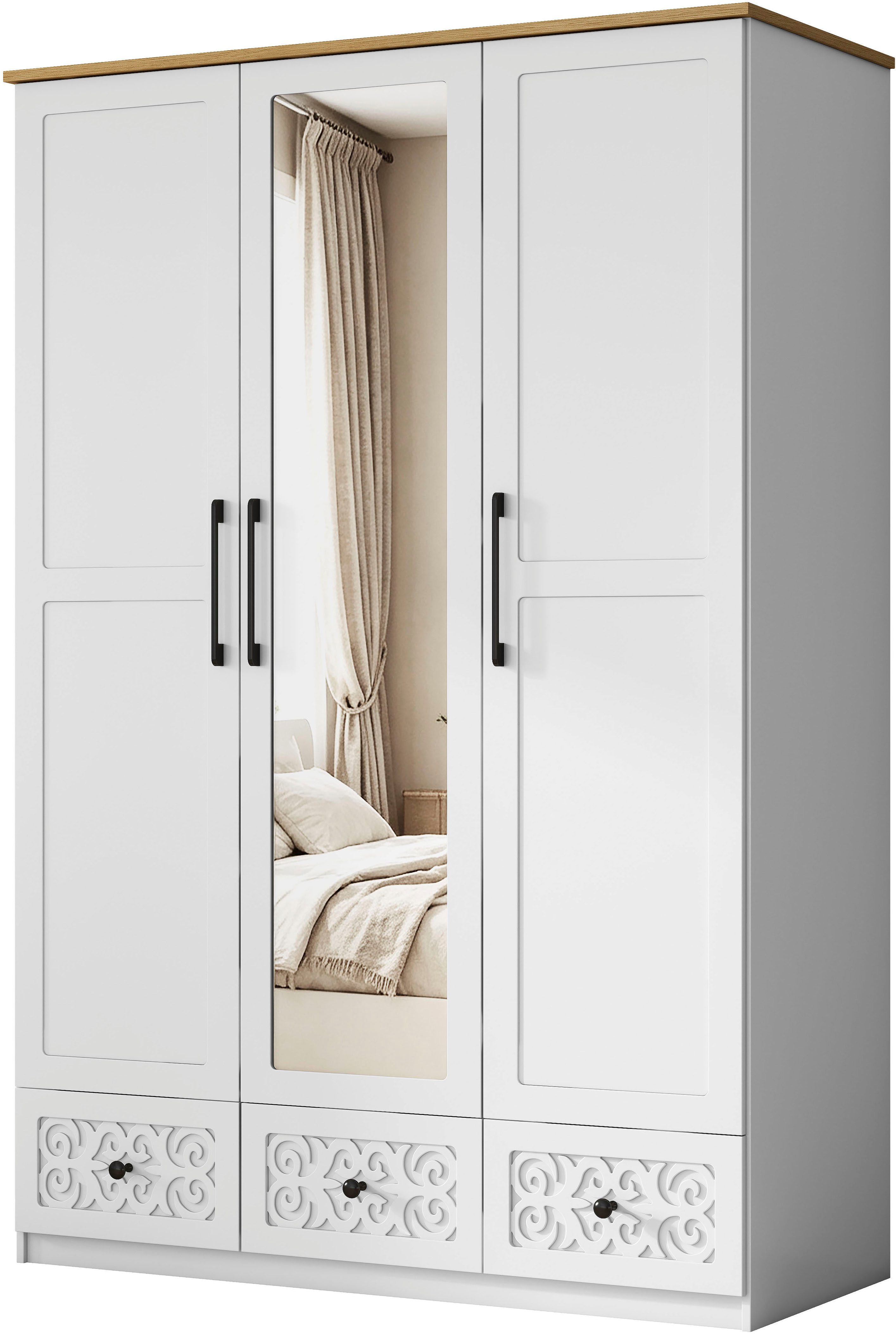 OTTO home Kleiderschrank EZZON-KS Landhaus Design Schlafzimmerschrank mit Verzierungen und Spiegel