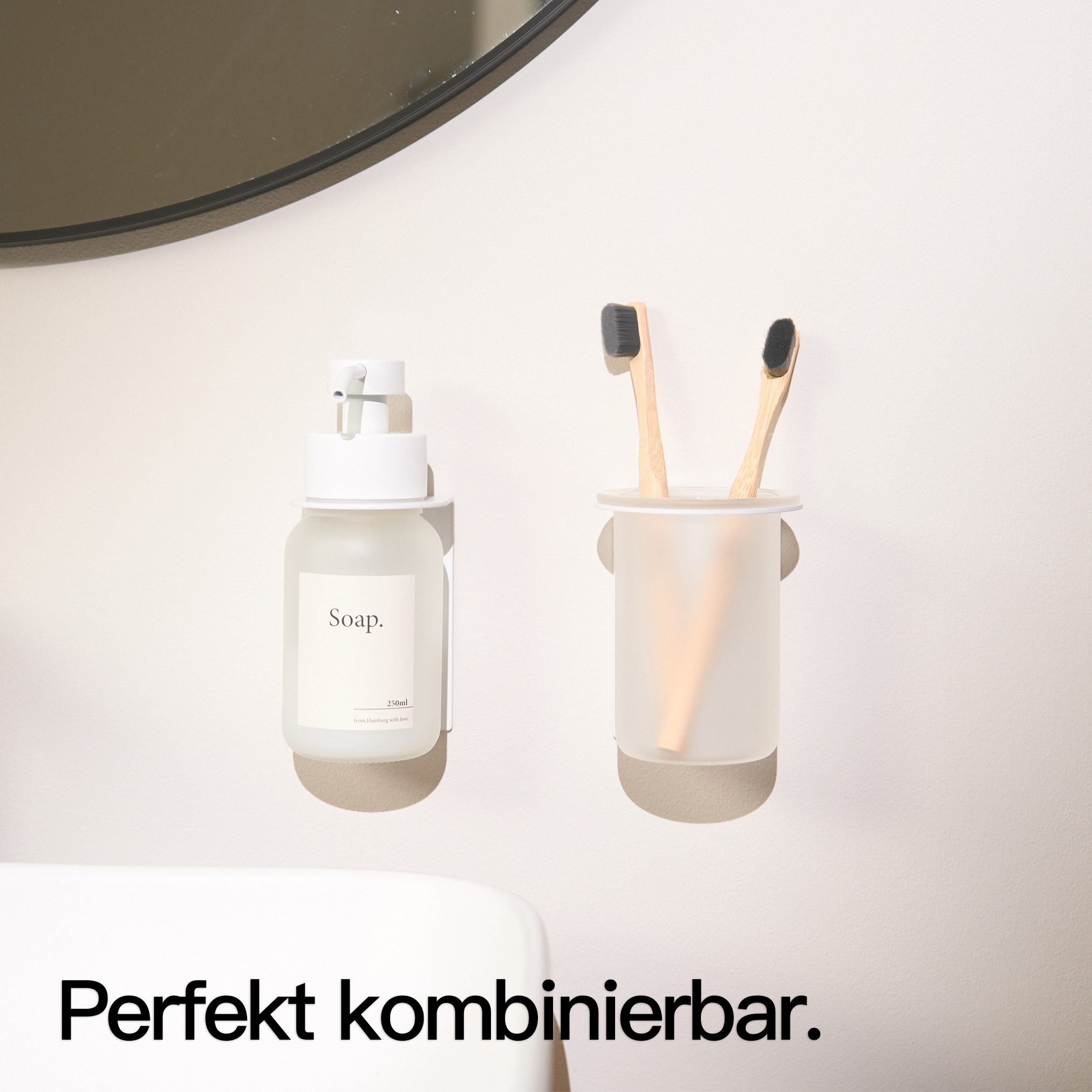 Designfabrik Hamburg Zahnbürstenhalter Glas Wandmontage ohne Bohren, pulverbeschichtet, Glas – Bild 5 von 5
