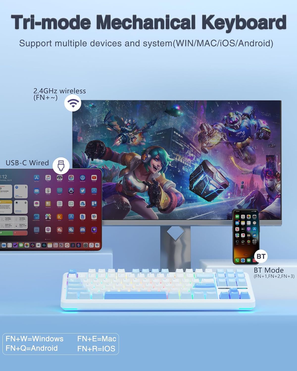 nsihing AULA F87 Mechanische Tastatur 75% QWERTY US BT/2,4GHz/USB Gaming-Tastatur