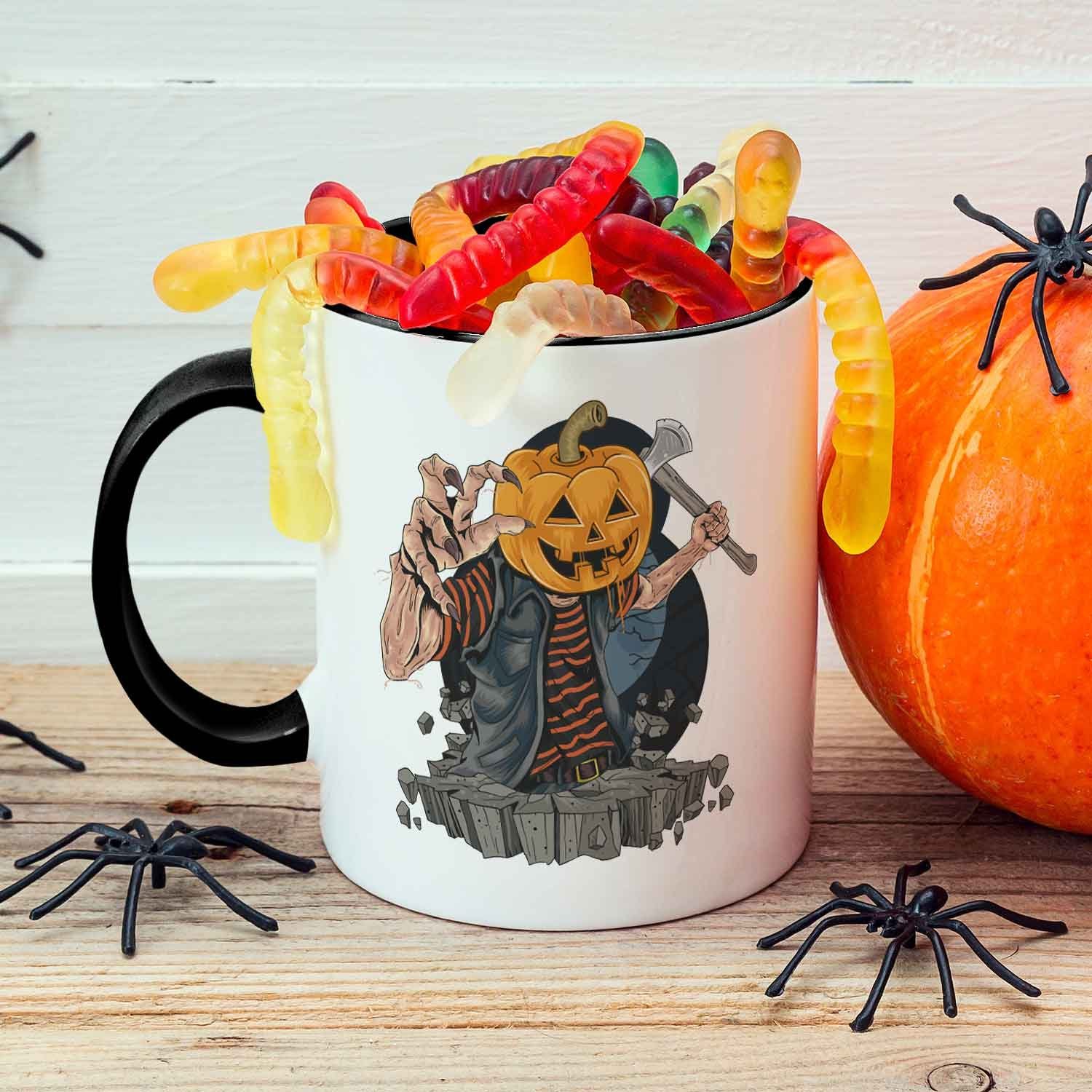 GRAVURZEILE Tasse mit Motiv im Kürbis Zombie Design, Keramik, Farbe: Schwarz & Weiß