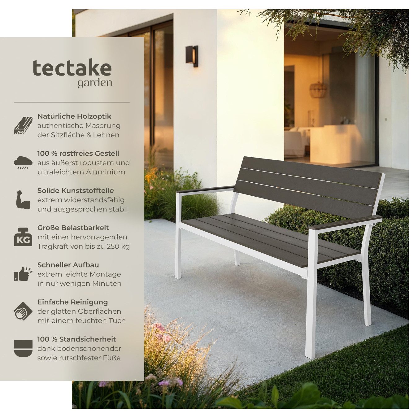 tectake Gartenbank Aluminium-Outdoor-Sitzbank, Maße: 128 x 59 x 88 cm, 2-Sitzer (Parkbank Line, in hellgrau/weiß), Wetterbeständig, Holzoptik, mit einer Belastb – Bild 2 von 5