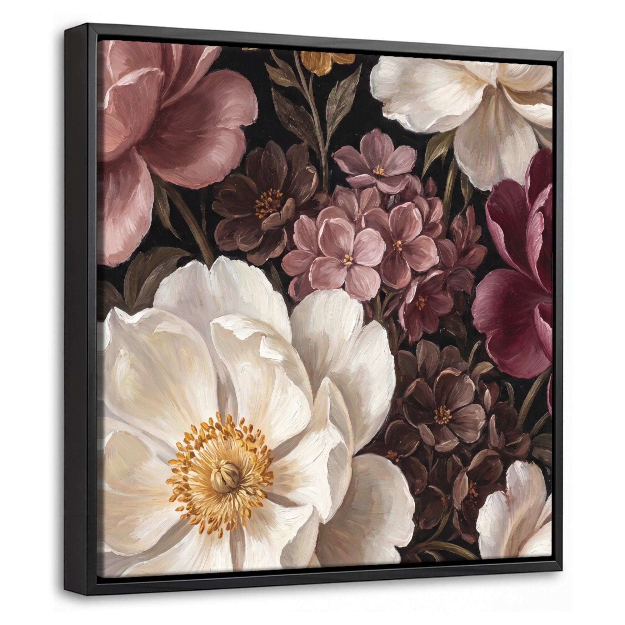OneMillionCanvasses® Leinwandbild mit Rahmen - Blumen – Blumenstrauß – Klassisch – Dunkel – Rot, Fotodruck (1 St), Leinwand Bilder Klein, Wand Dekoration Aesthetic 20x20cm