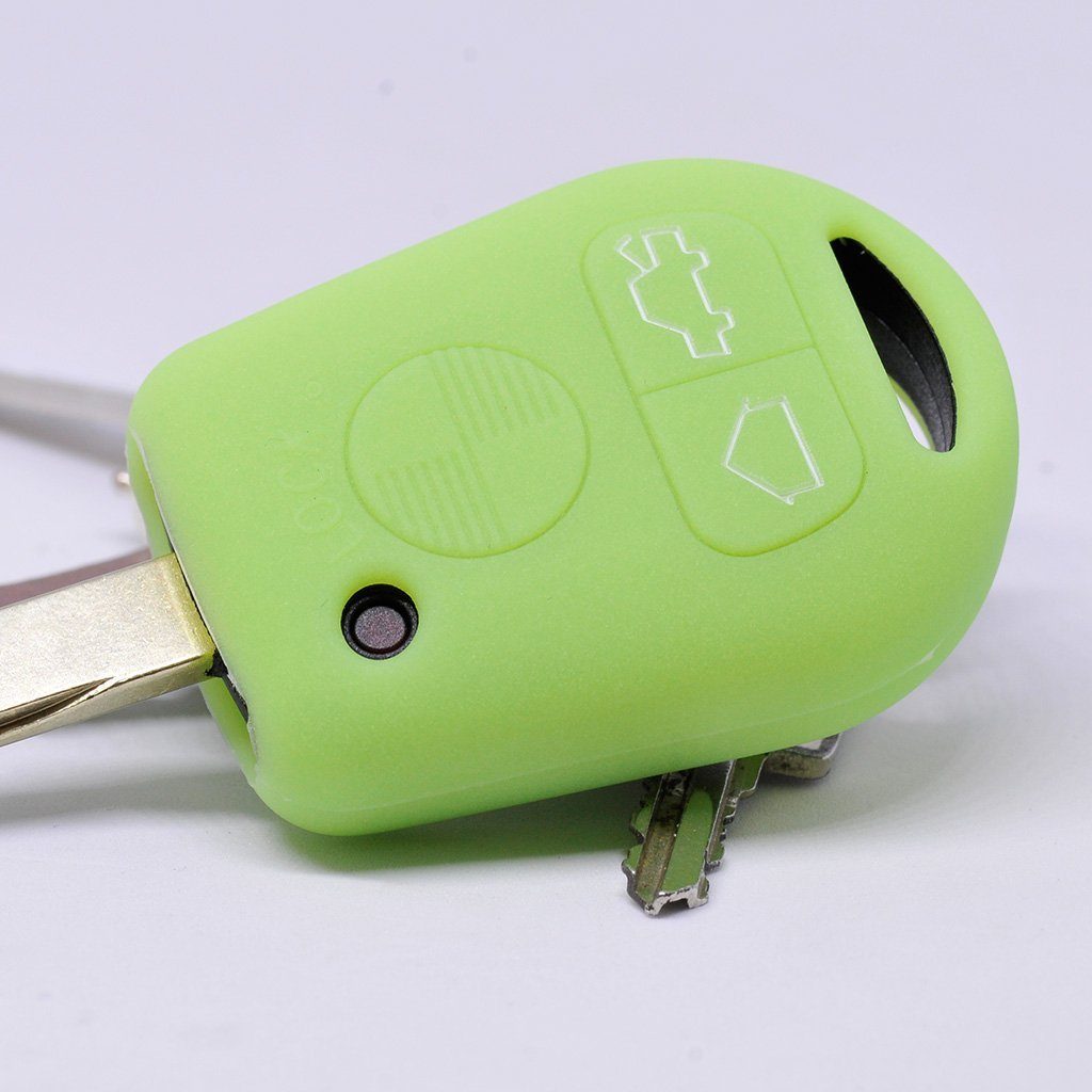 mt-key Schlüsseltasche Autoschlüssel Softcase Silikon Schutzhülle fluoreszierend Grün, für BMW E36 E39 E34 E38 3er 5er 7er E32 8er E31 3 Tasten Fernbedienung