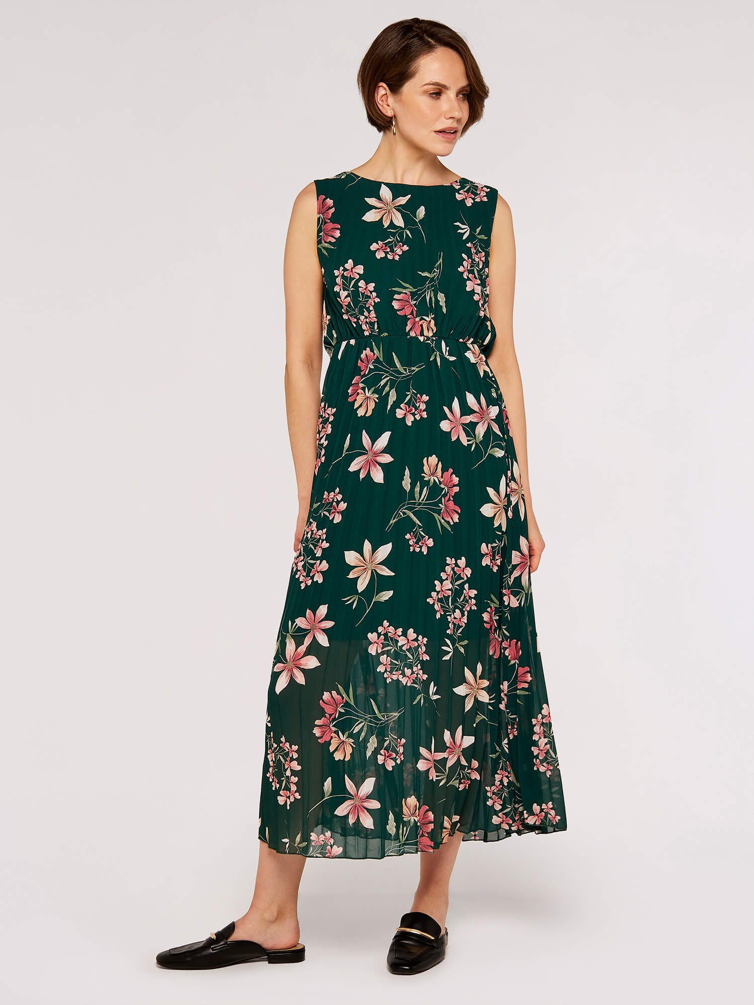 Apricot Midikleid Florales Plisseekleid beidseitig tragbar