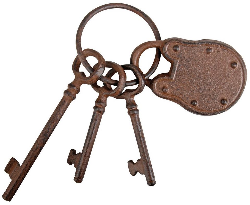Esschert Design BV Schlüsselanhänger (1-tlg), Schlüsselbund mit Schloss,  drei Schlüssel, rötliches Gusseisen