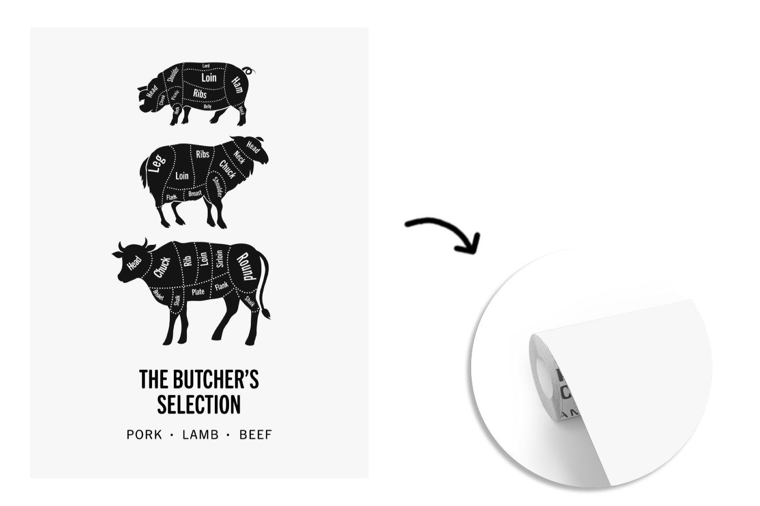MuchoWow Fototapete Küche Schwein Fleisch Wohnzimmer, Tapete Lebensmittel, für St), Wandtapete - bedruckt, (4 Matt, Vinyl Montagefertig - 