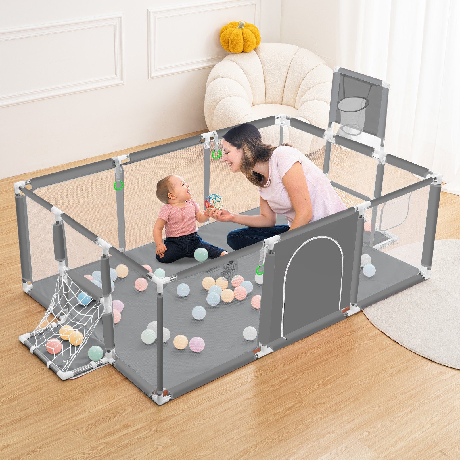 Comomy Laufstall, Baby Schutzgitter mit Basketball und Fußball-Netz 181x122 günstig online kaufen