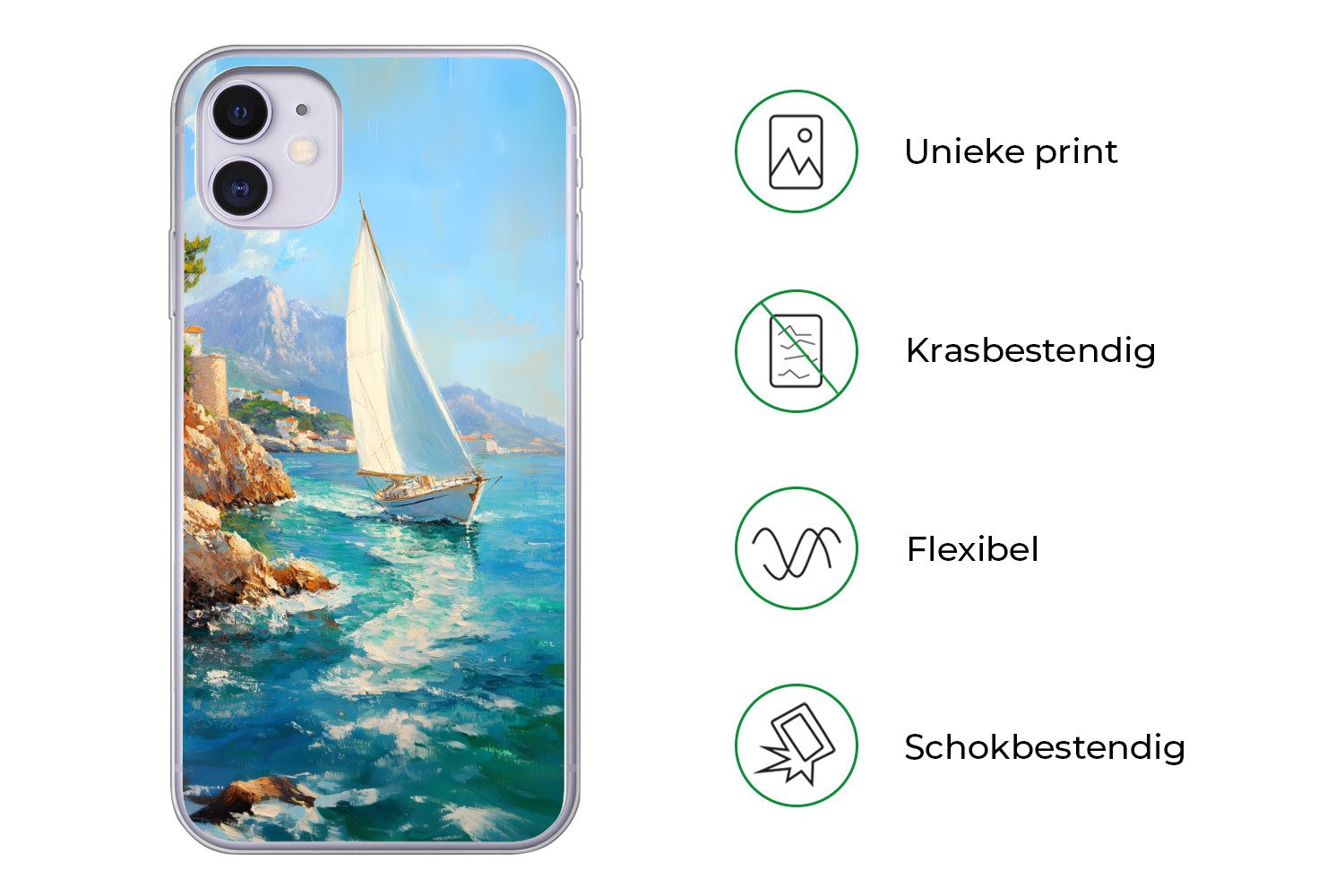 MuchoWow Handyhülle für Apple iPhone 11 Segelboot - Felsen - Küste - Häuser, Smartphone-Bumper, Print, Handy Schutzhülle Dünn