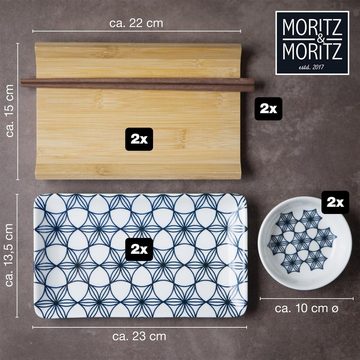 Moritz & Moritz Tafelservice Moritz & Moritz Gourmet - Sushi Set 10 teilig Blaue Blumen (8-tlg), 2 Personen, Porzellan, Geschirrset für 2 Personen