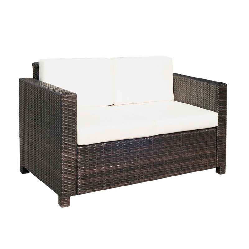 Outsunny Loungesofa Poly-Rattan Sofa mit Kissen 2-Sitzer Garten, Gartensofa 1 Teile, Metall Polyester Braun+Weiß 130 x 70 x 80 cm