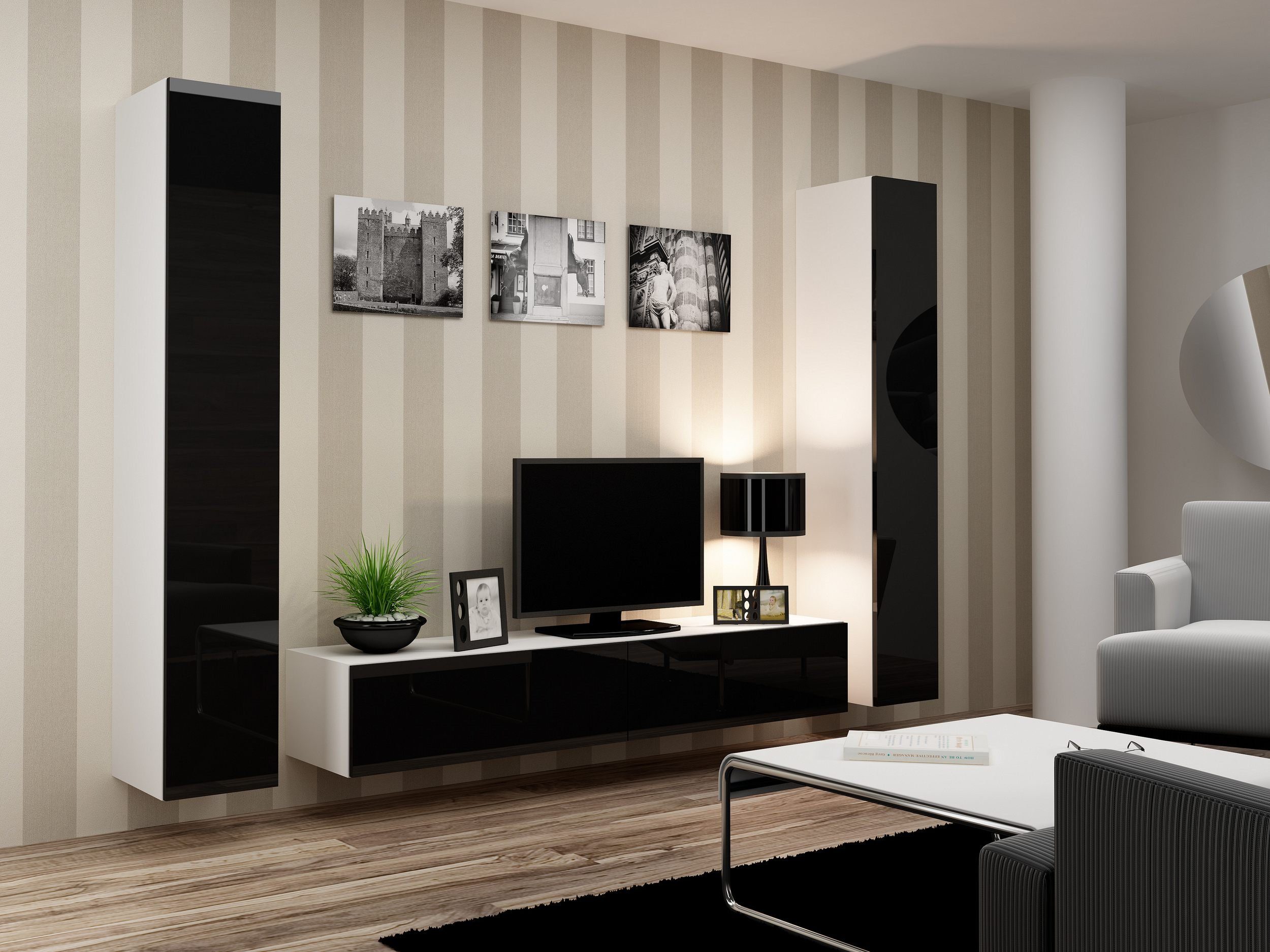 Stylefy Wohnwand Vago IV B, (Set (3-St), Wohnmöbel, Wohnzimmer-Set), bestehend aus 1xLowboard und 2xHängeschrank, Hochglanzfronten, mit Push-to-Open, Modern Design Schwarz/Schwarz Hochglanz