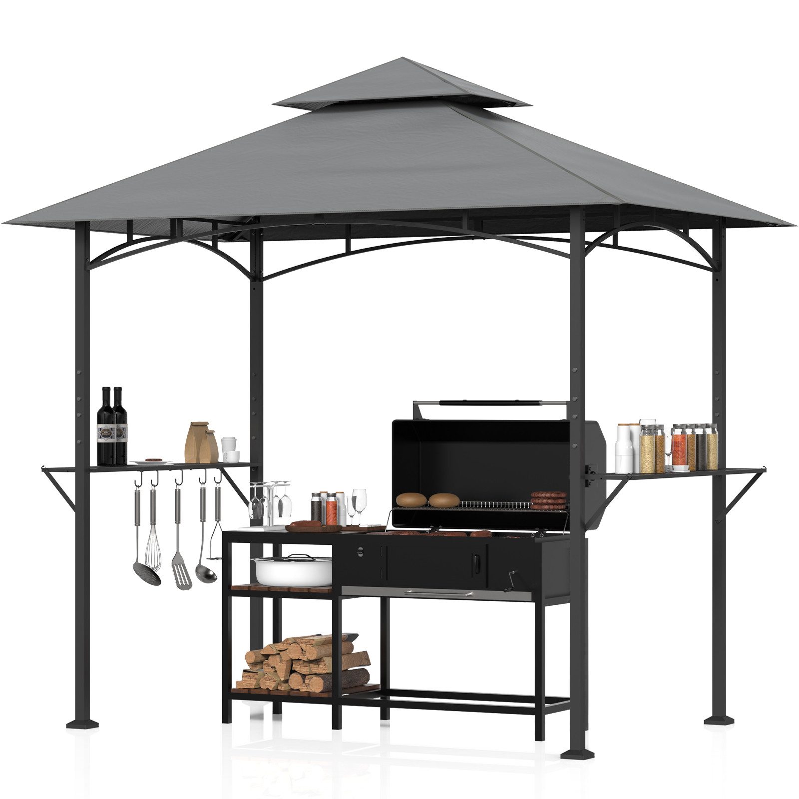 Huracan Grillpavillon Grillpavillon mit Doppel Dach & Ablag, Wetterfest, Doppeldach & Stabile Konstruktion für Garten & BBQ