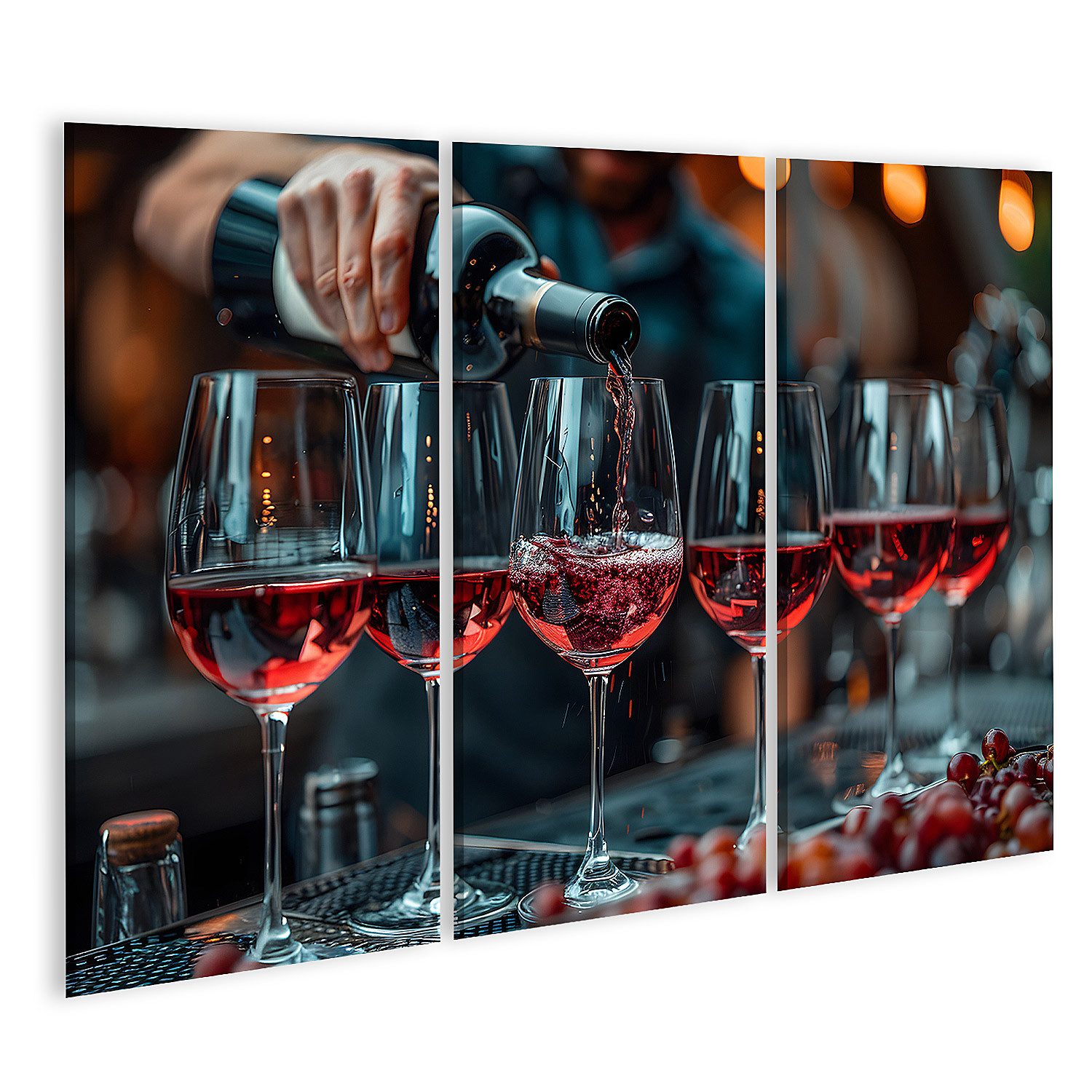 Leinwandbild Eine Person füllt eine Reihe Weingläser mit edlem Rotwein auf dem Wand