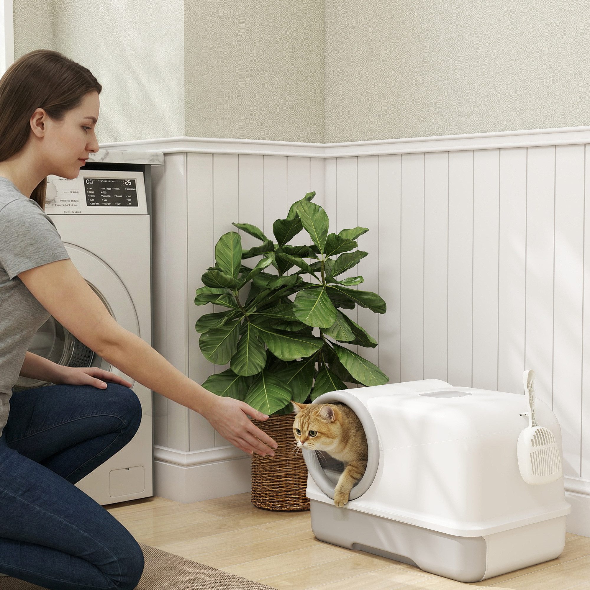 PawHut Katzentoilette Katzenklo mit Deckel Schaufel ausziehbares Tablett 2 Aktivkohlefilter, für Katzen bis 5 kg 59 x 39,5 x 39,5 cm Weiß+Grau