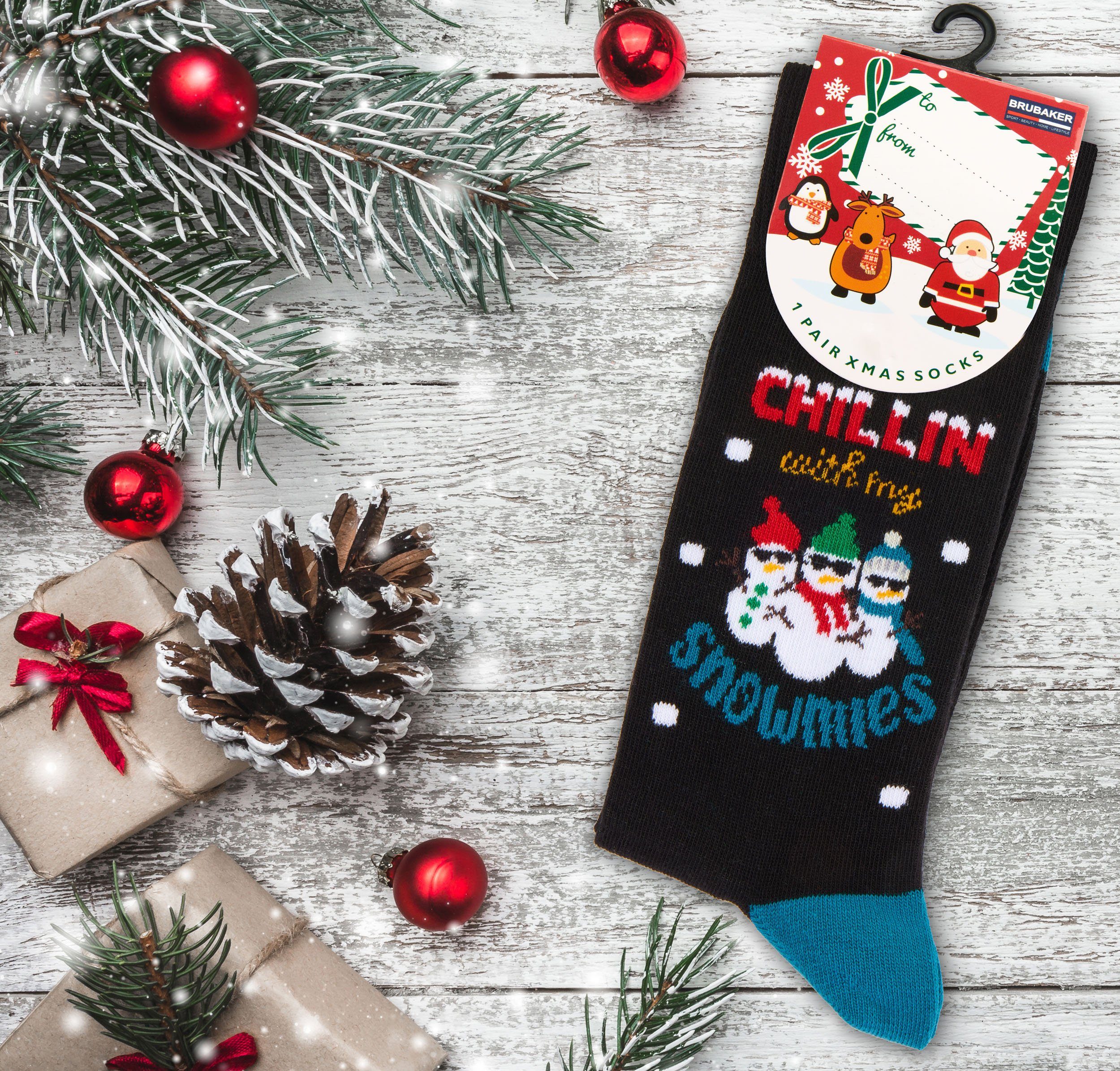 BRUBAKER Socken Weihnachtssocken - Lustige Schneemänner und Pinguine, Chillin with Herren (3-Paar, my Socken Damen und Unisex Snowmies für Baumwollsocken)