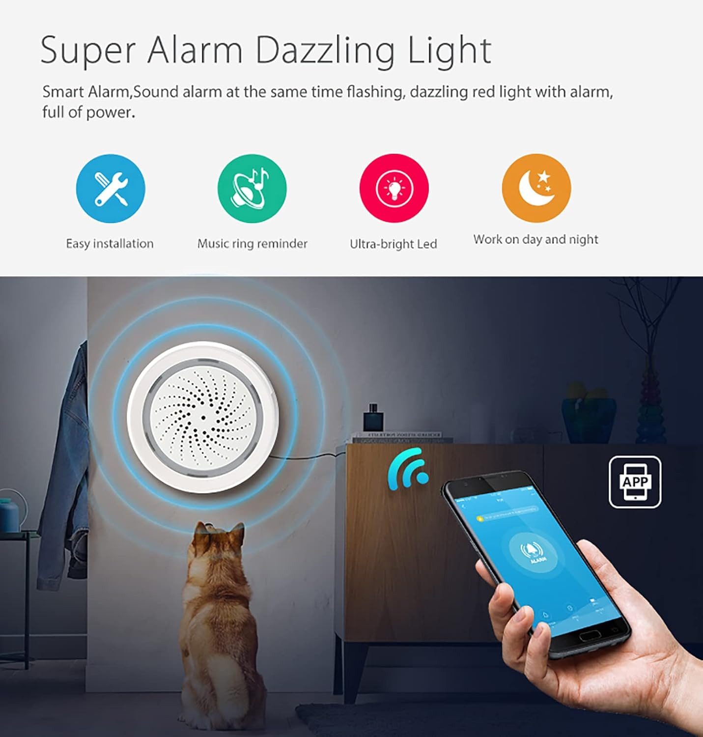 Thumbnail - RWEUOQ Smart Wi-Fi Sirene Alarm Kabellose Stroboskop-Sirene mit Ton Alarmanlage (App-Fernbedienung, Einbruchalarm, Links...