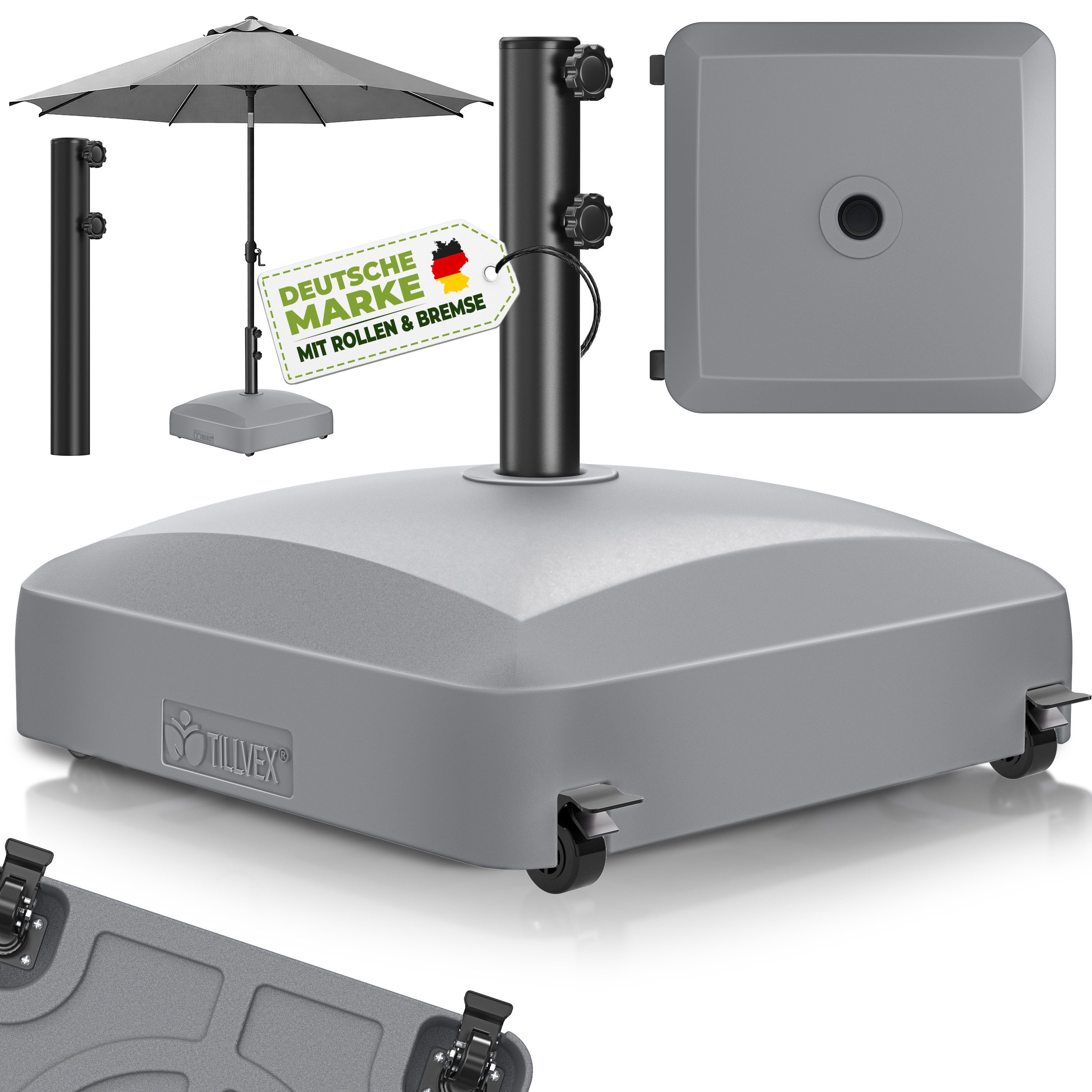 tillvex Sonnenschirm Sonnenschirmständer PAVERA mit Rollen & Bremsen Schirmständer rollbar, befüllbar 37L/56kg Schirmgewicht Sonnenschirm & Marktschirm Ø1,8-3,7m