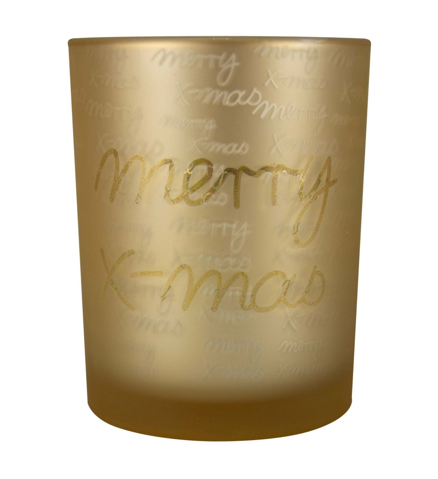 im X-Mas" mit weihnachtlicher Schrift Parts4Living 7,3x8 Windlicht "Merry romantischen gold cm, Glas Teelichthalter Teelichtglas Kerzenhalter Stil