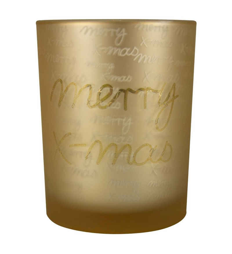 Parts4Living Windlicht »Glas Teelichthalter "Merry X-Mas" Teelichtglas Kerzenhalter mit weihnachtlicher Schrift gold 7,3x8 cm«, im romantischen Stil
