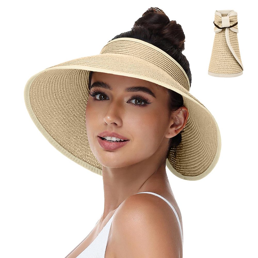 Zaewry Sonnenhut Sonnenhüte mit breiter Krempe, Sonnenhut für Damen,Faltbar rollbar für Outdoor-Abenteuer, Wandern,Pferdeschwanz-Öffnung,Strandhut