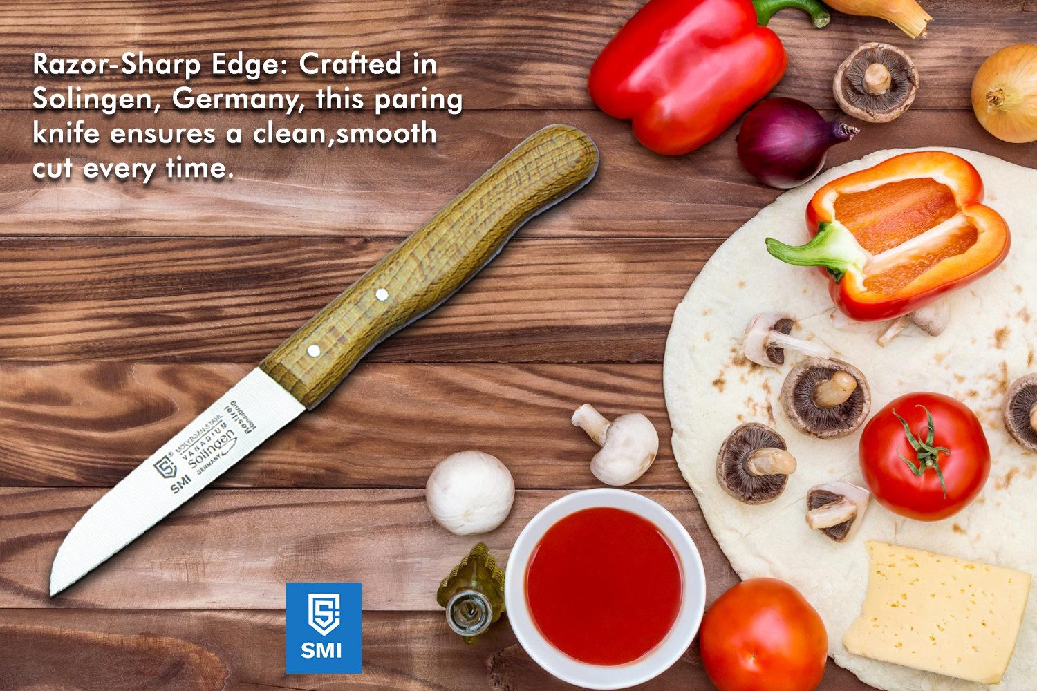 SMI Schälmesser 2 tlg Obstmesser Gerade Solingen Schälmesser rostfrei Gemüsemesser, Buchenholzgriff, nicht spülmaschinenfest