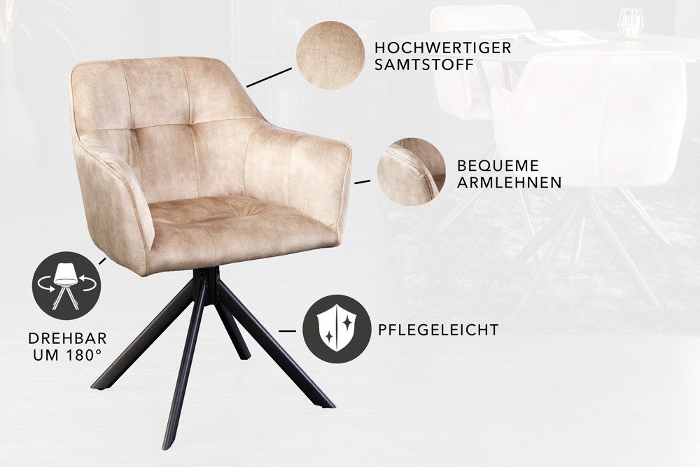 riess-ambiente Esszimmerstuhl LOFT champagner/schwarz – Samt, drehbar, Metall-Füße, mit Armlehne (Einzelartikel, 1 St), mit 180° Drehfunktion und Autoreturn – i – Bild 5 von 5