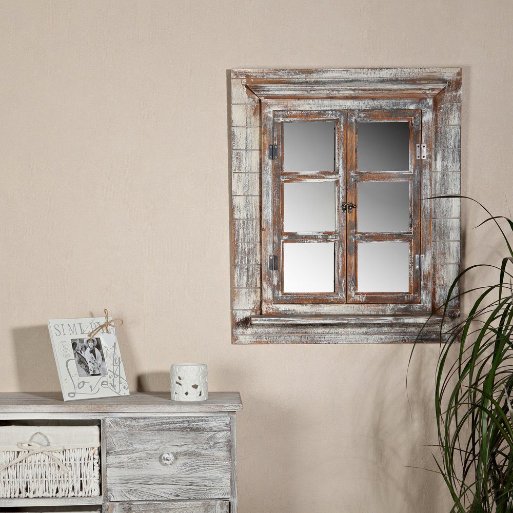 Feel2Home Wandspiegel Wandspiegel mit Scheiben Weiß braun Bilderrahmen Fensterladen Foto (Stück, 1 x Spiegel mit 2 Türen, Farbe Braun), Mit Fensterläden, Wandspiegel, Platz für 6 Fotos