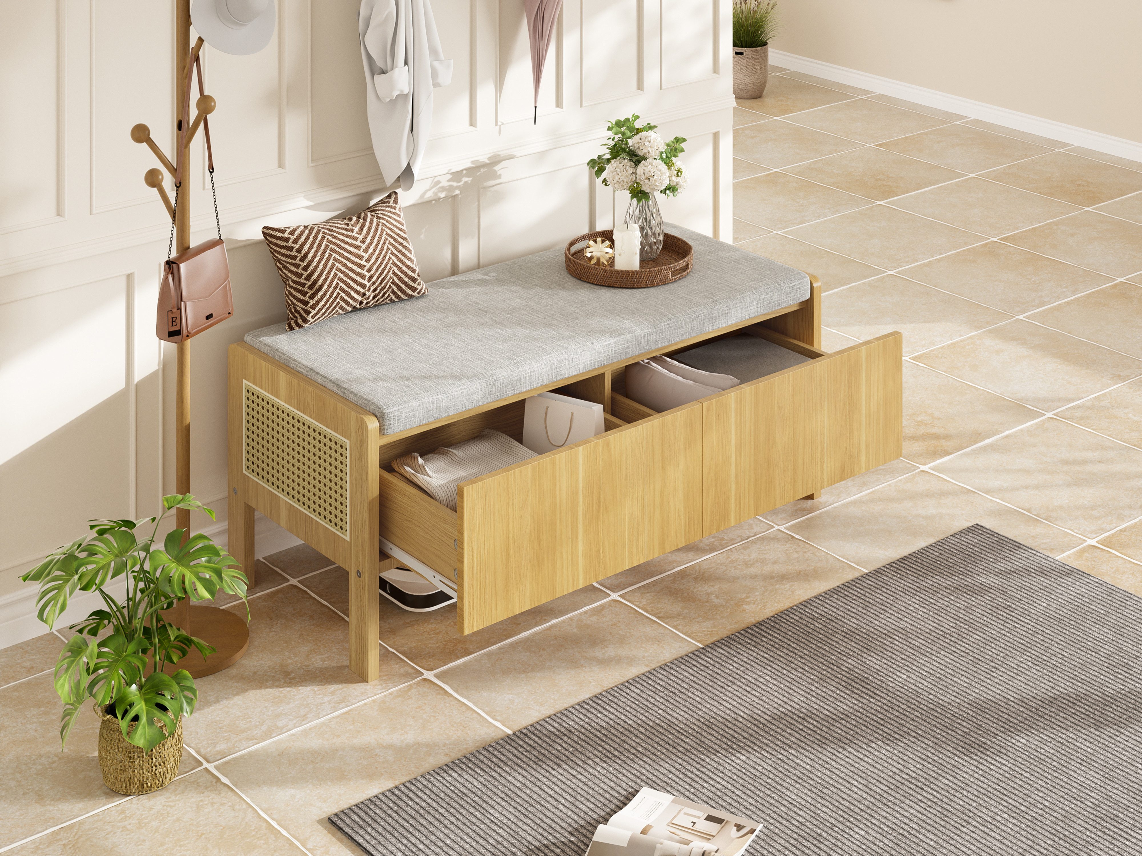 OKWISH Schuhbank Aufbewahrungsbank (Seitenteile mit Rattan-Geflecht, 2 Schubladen, 1-St., B113/D40/H45.5 cm)