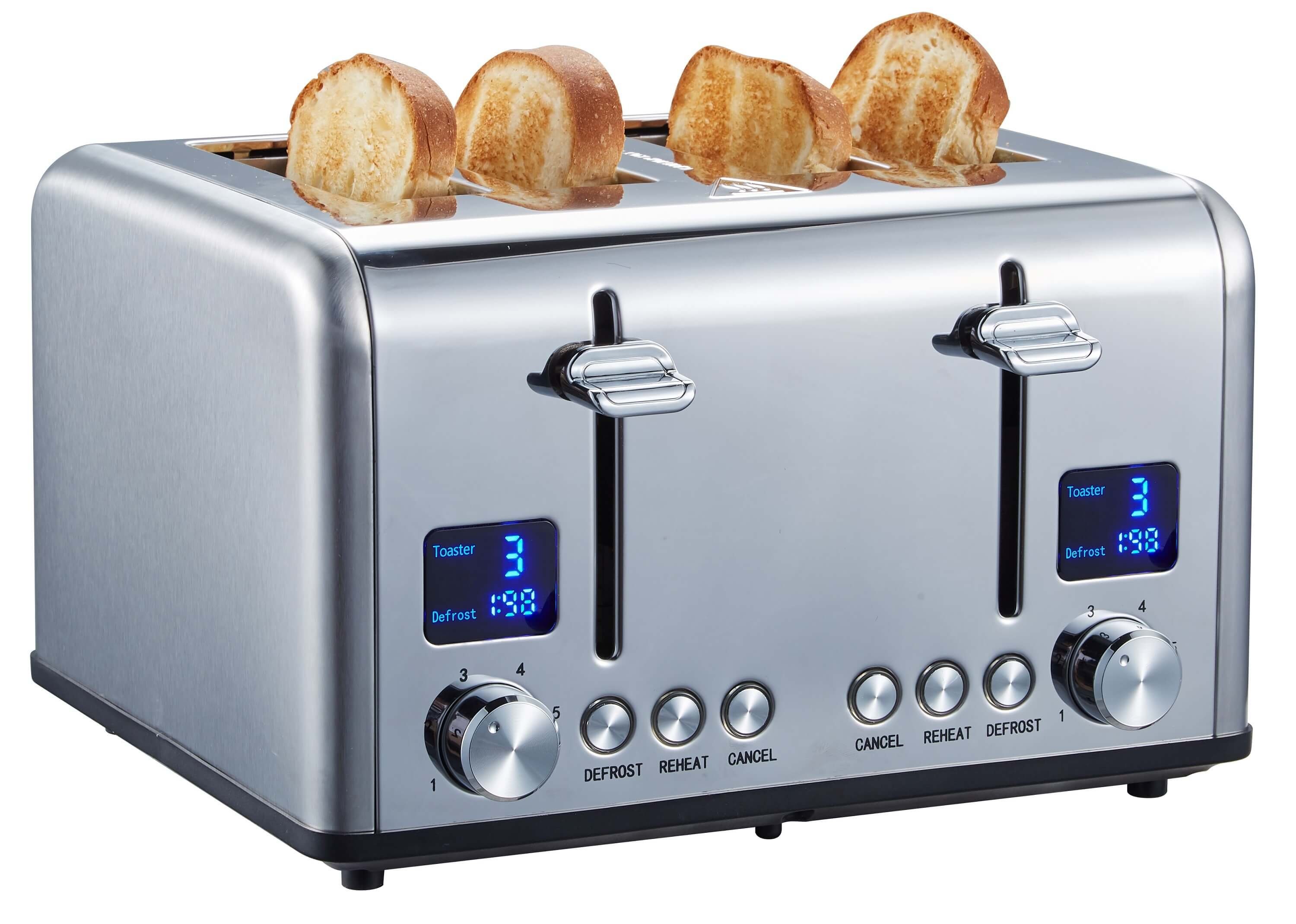 STEINBORG Toaster SB-2080, 4 kurze Schlitze, für 4 Scheiben, 1630 W,  Edelstahl Gehäuse, mit Brötchenaufsatz, mit Krümelschublade, 2x Digitales  Display mit Countdown