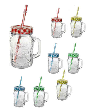 Spetebo Gläser-Set Trinkgläser mit Deckel und Strohhalm - 8er Set, Glas, Vintage Gläser mit Henkel