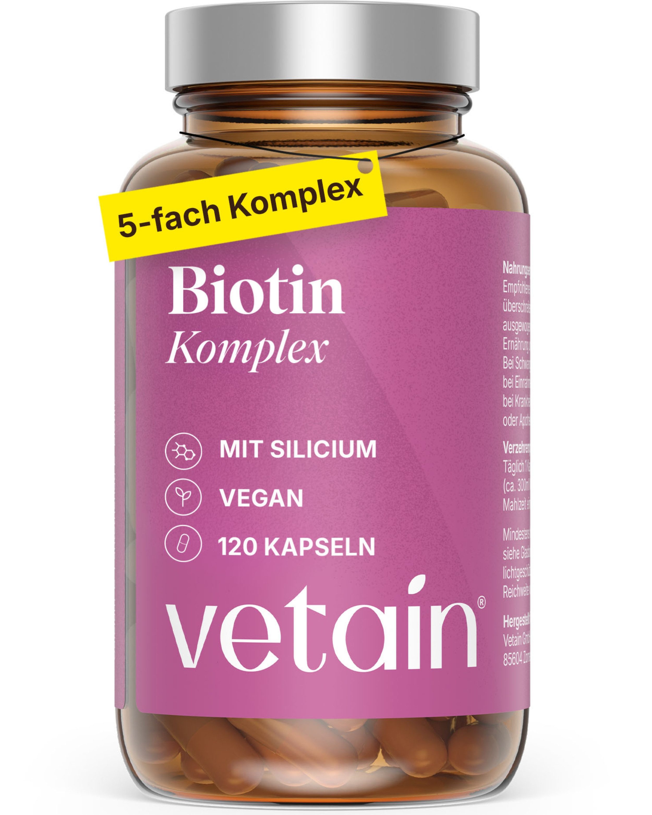 VETAIN Biotin Zink Selen - Mit Silizium & Vitamin B5 - Haare, Haut & Nägel Kapseln, 120 St., Hochdosiertes Biotin (5.000 µg) kombiniert mit Zink, Selen, Vitamin B5