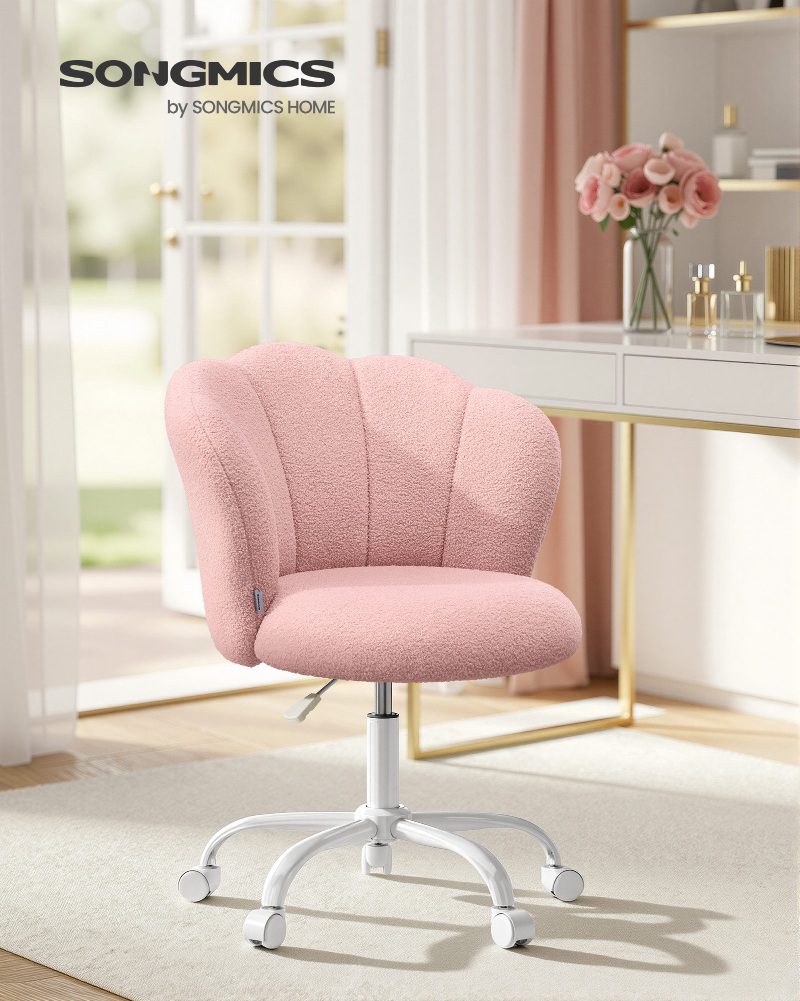 SONGMICS Bürostuhl Schminktischstuhl, für Wohnzimmer, Schlafzimmer, 64 x 64 x (79-89) cm, bis zu 110 kg belastbar, Blütenblatt-Rückenlehne, höhenverstellbar