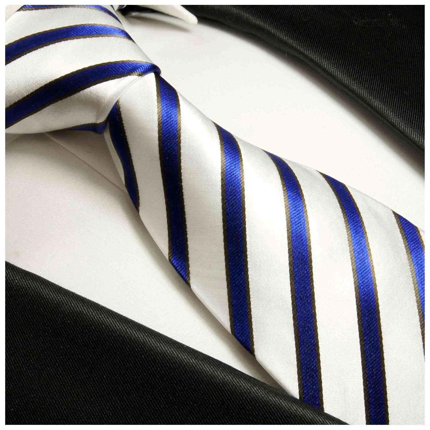 gestreift mit Krawatte Paul und Breit (Set, Seide 100% 985 2-St., weiß Seidenkrawatte Krawatte (8cm), blau Herren Malone Tuch Einstecktuch)