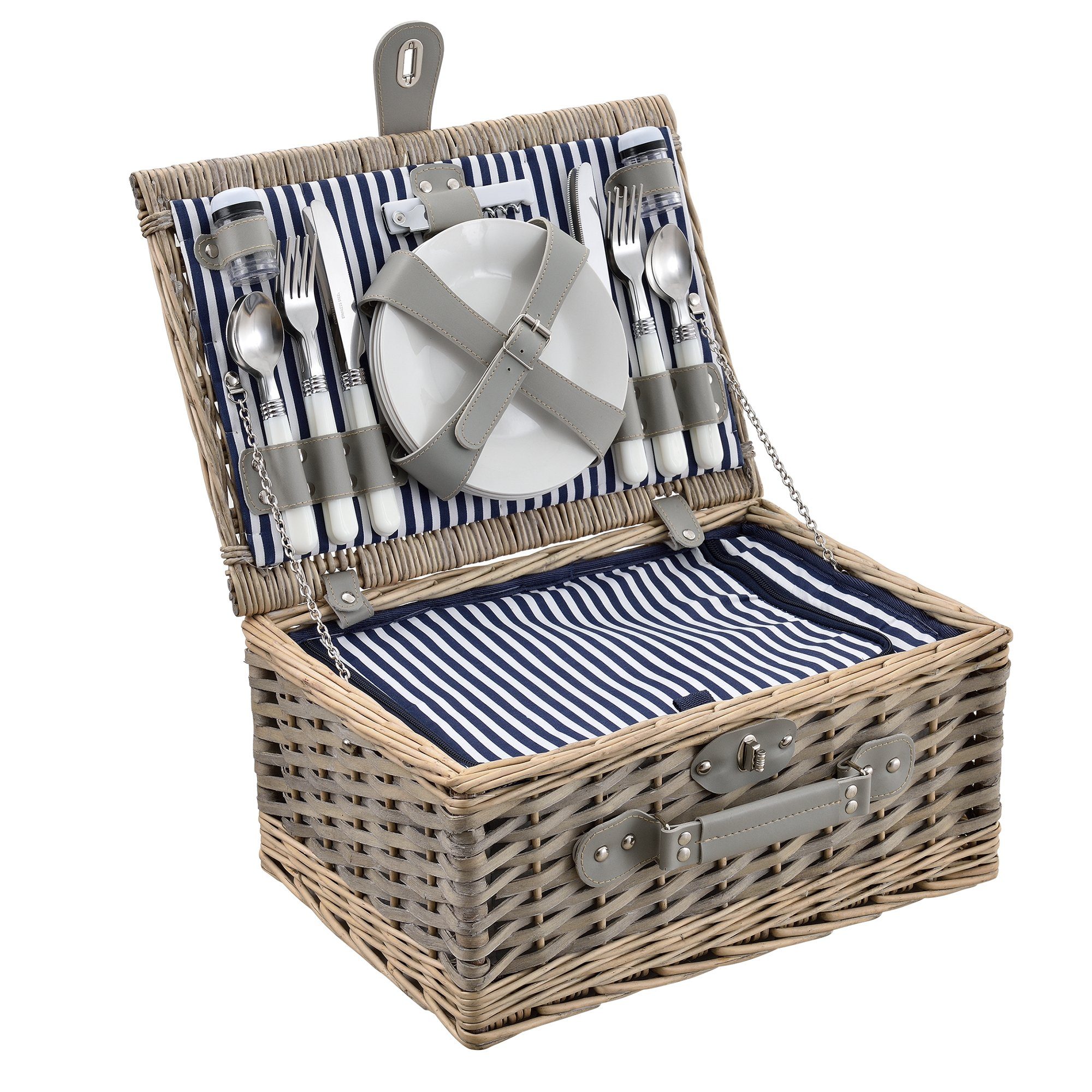 casa.pro Besteck-Set (1-tlg), 4 Personen, Weide, Picknickkorb mit Besteck für 4 Personen Blau-Weiß