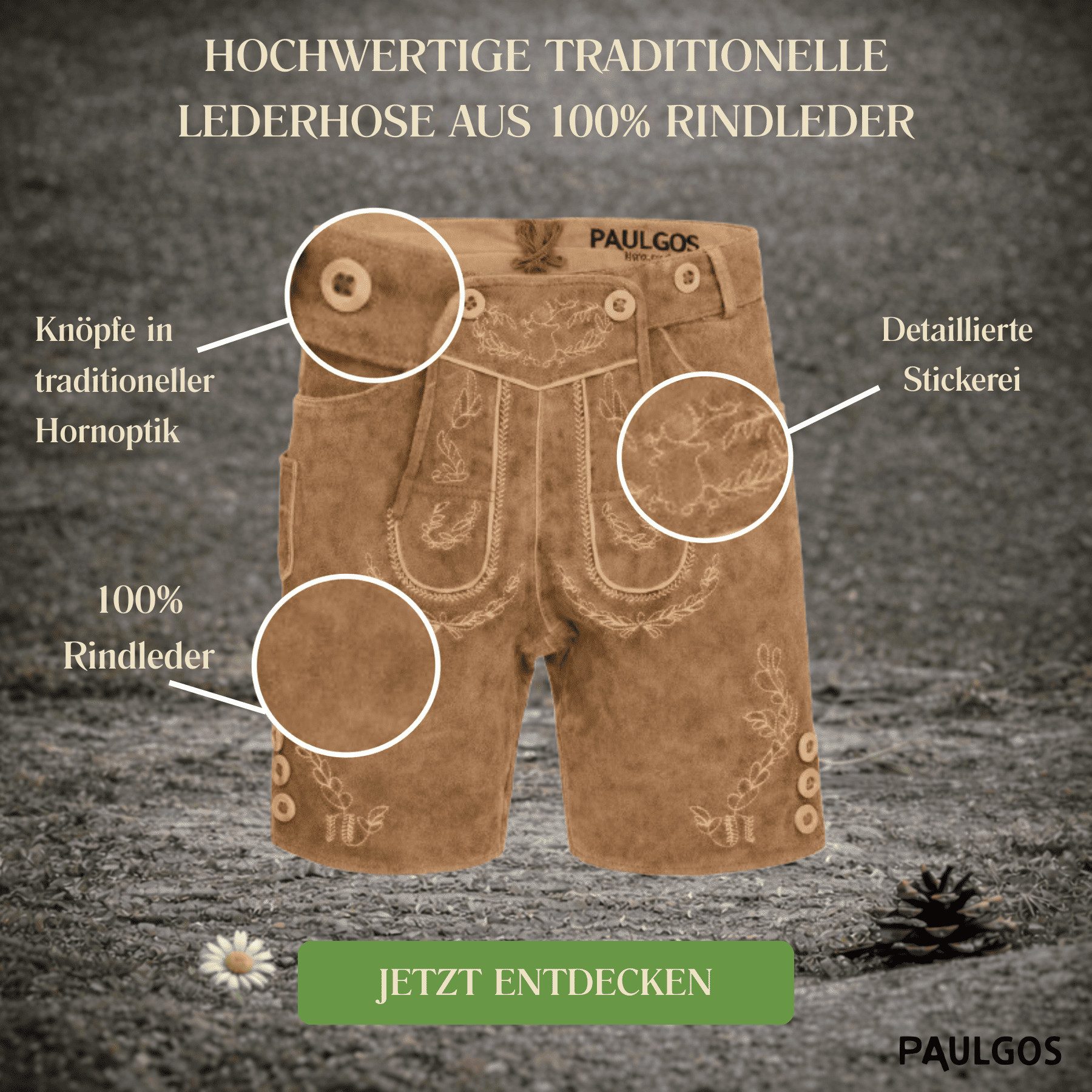 PAULGOS Trachtenhose Herren Lederhose Kurz mit Trägern 100% Echtleder - HK1