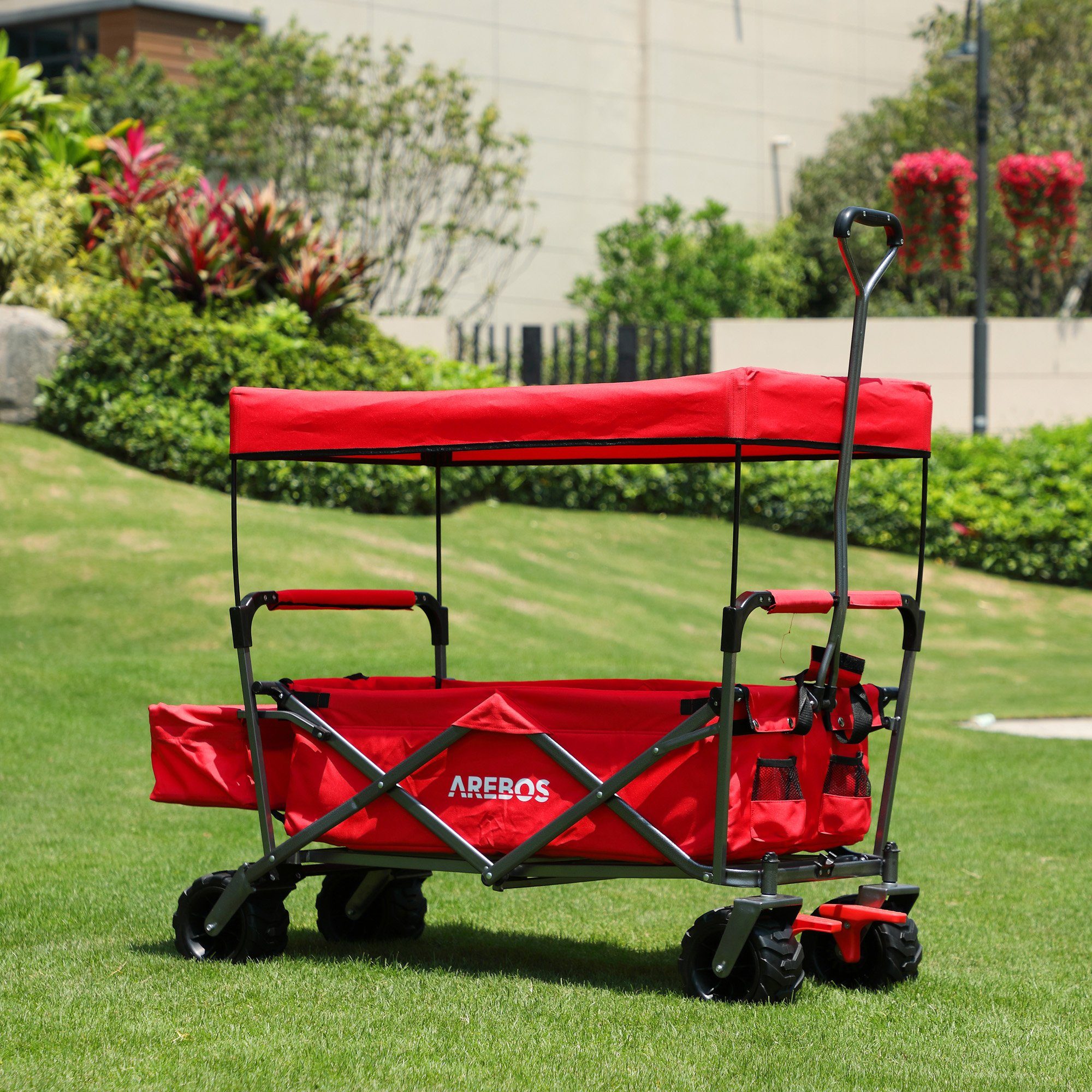 Arebos Bollerwagen faltbarer Handwagen mit Dach – Transportkarre für Garten & Freizeit, Maße 124 x 60 x 128 cm