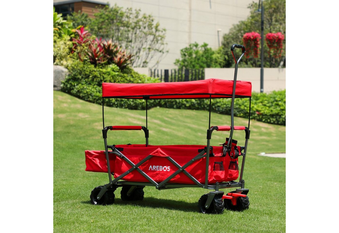 Thumbnail - Arebos Bollerwagen faltbarer Handwagen mit Dach – Transportkarre für Garten & Freizeit, Maße 124 x 60 x 128 cm