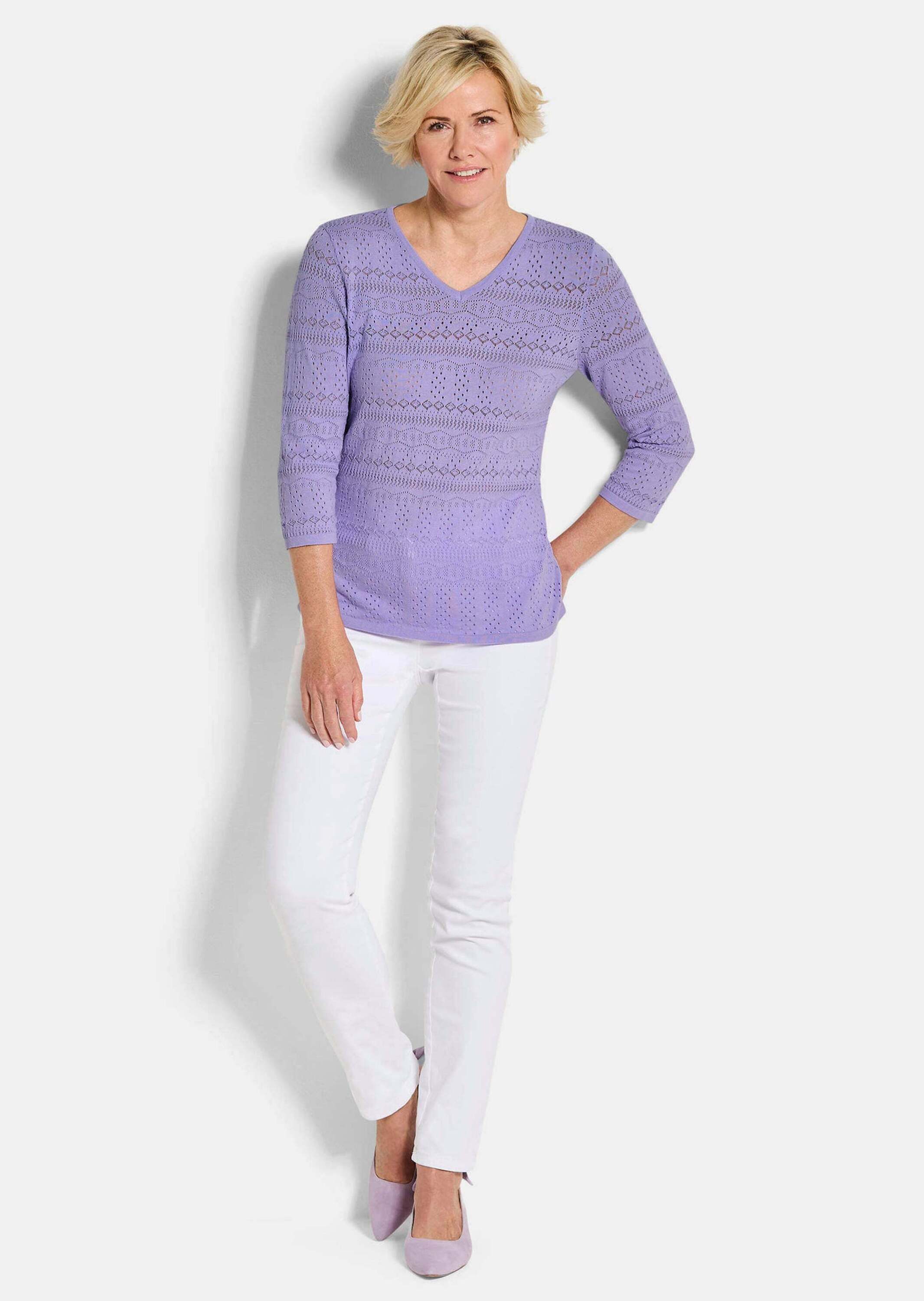 GOLDNER Strickpullover Sommerpullover mit V-Ausschnitt Baumwollpullover mit Ajourmuster, V-Ausschnitt und 3/4-Ärmeln