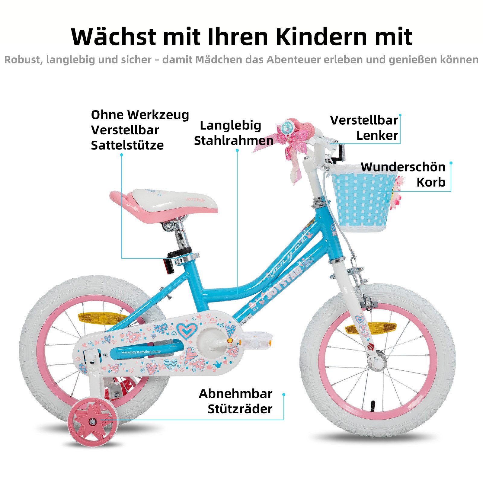 JOYSTAR Kinderfahrrad 12 14 16 18 20Zoll Mädchenfahrrad, 3 - 9 Jahre,Geschenk für Prinzessin, 1 Gang, Mit Hilfsrädern, farbigen Bändern, Korb, Reflektor, Kettenabdeckung