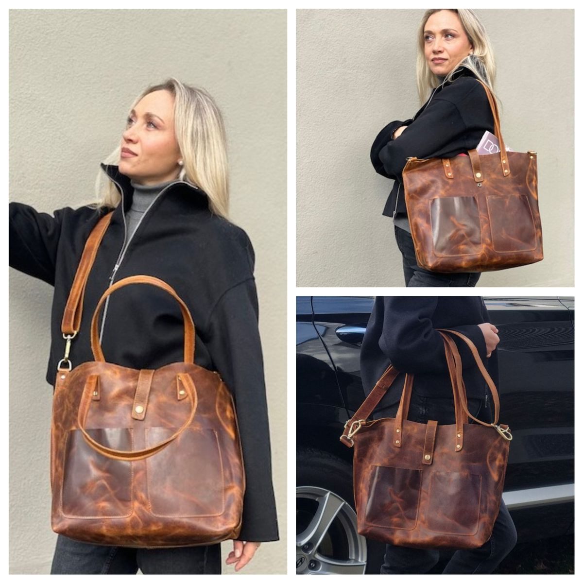 Corno d´Oro Shopper Damen Leder Handmade Große Schultertasche Cognac, mit breitem verstellbarem Schultergurt; Vintage Leder