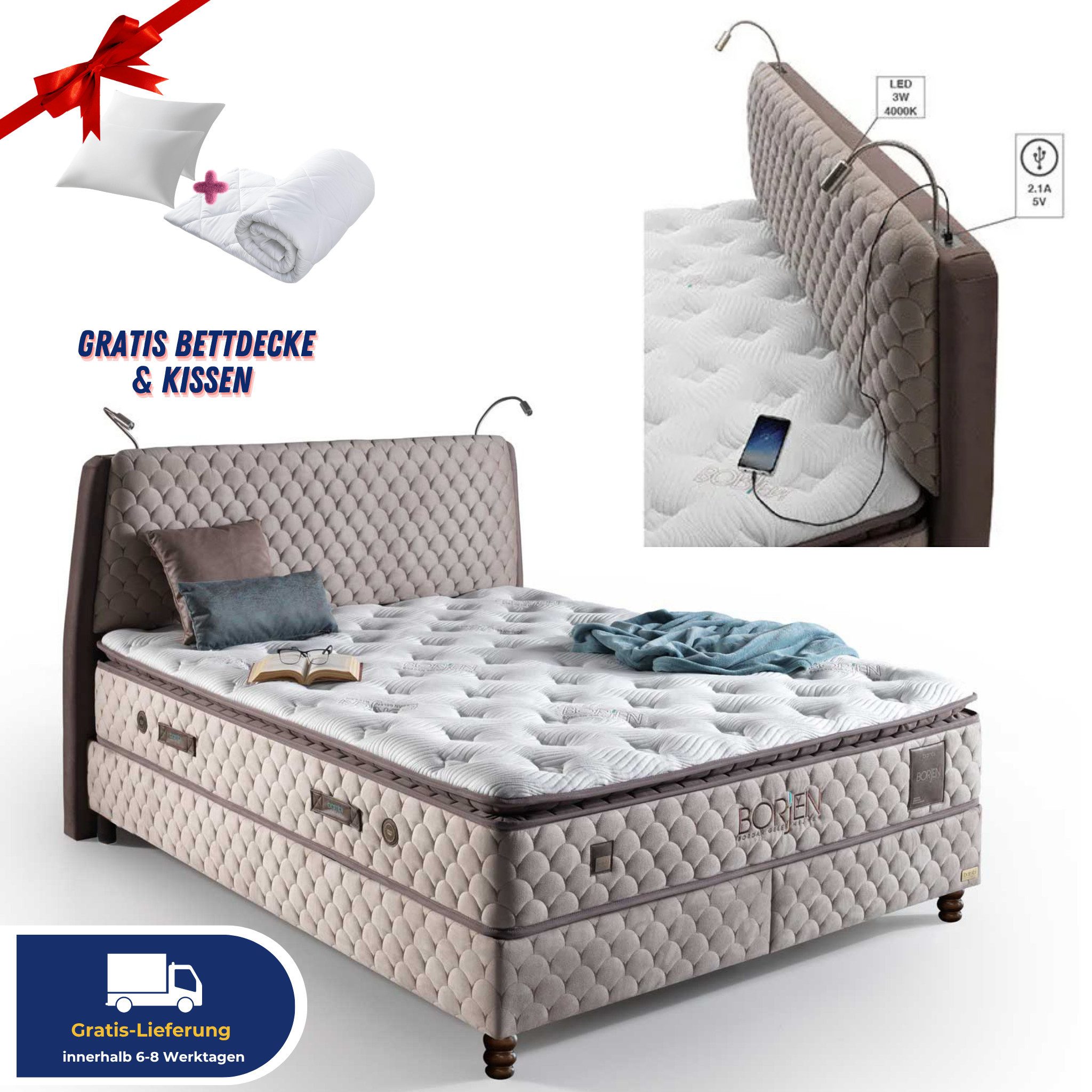Bambi Boxspringbett Stauraumbett inkl. Matratze Boxspringbett 180x200 - 90x200 Borjen