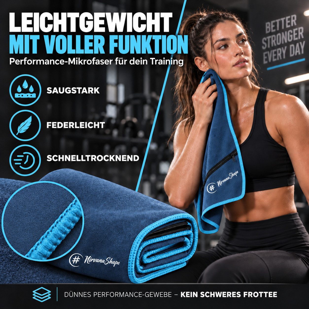 NirvanaShape Sporthandtuch NirvanaShape Mikrofaser Fitnesshandtuch mit Ecktasche und Knöpfen, saugfähig, leicht, schnelltrocknend, für Reisen, Fitness, Yoga, Sa – Bild 2 von 5