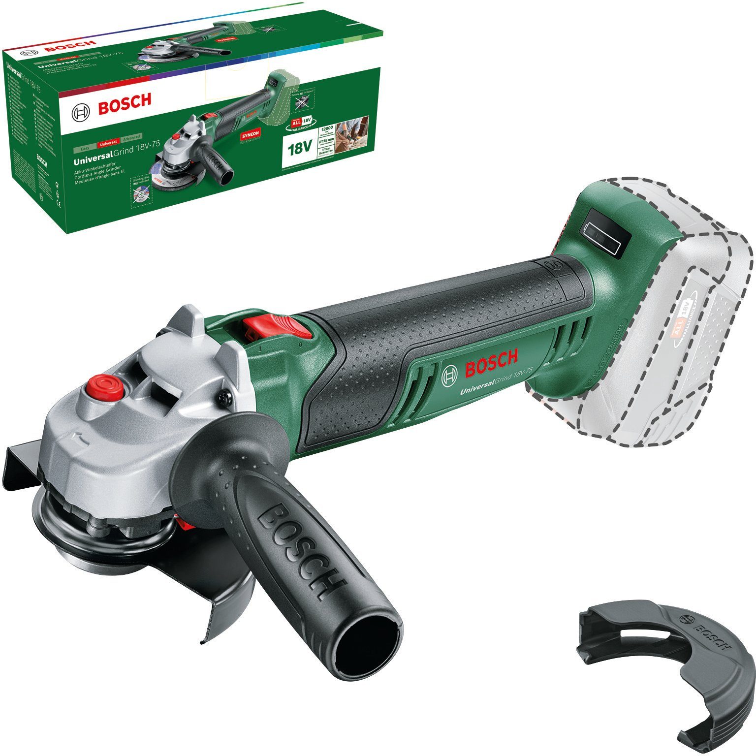 Eine große Versammlung! Bosch Home & ohne 125mm Akku solo, Ladegerät Garden Akku-Winkelschleifer und UniversalGrind 18V-75 