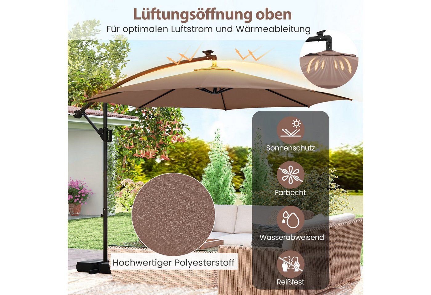 Thumbnail - COSTWAY Sonnenschirm, Solar Ampelschirm mit Basis, LED, Kurbel, neigbar