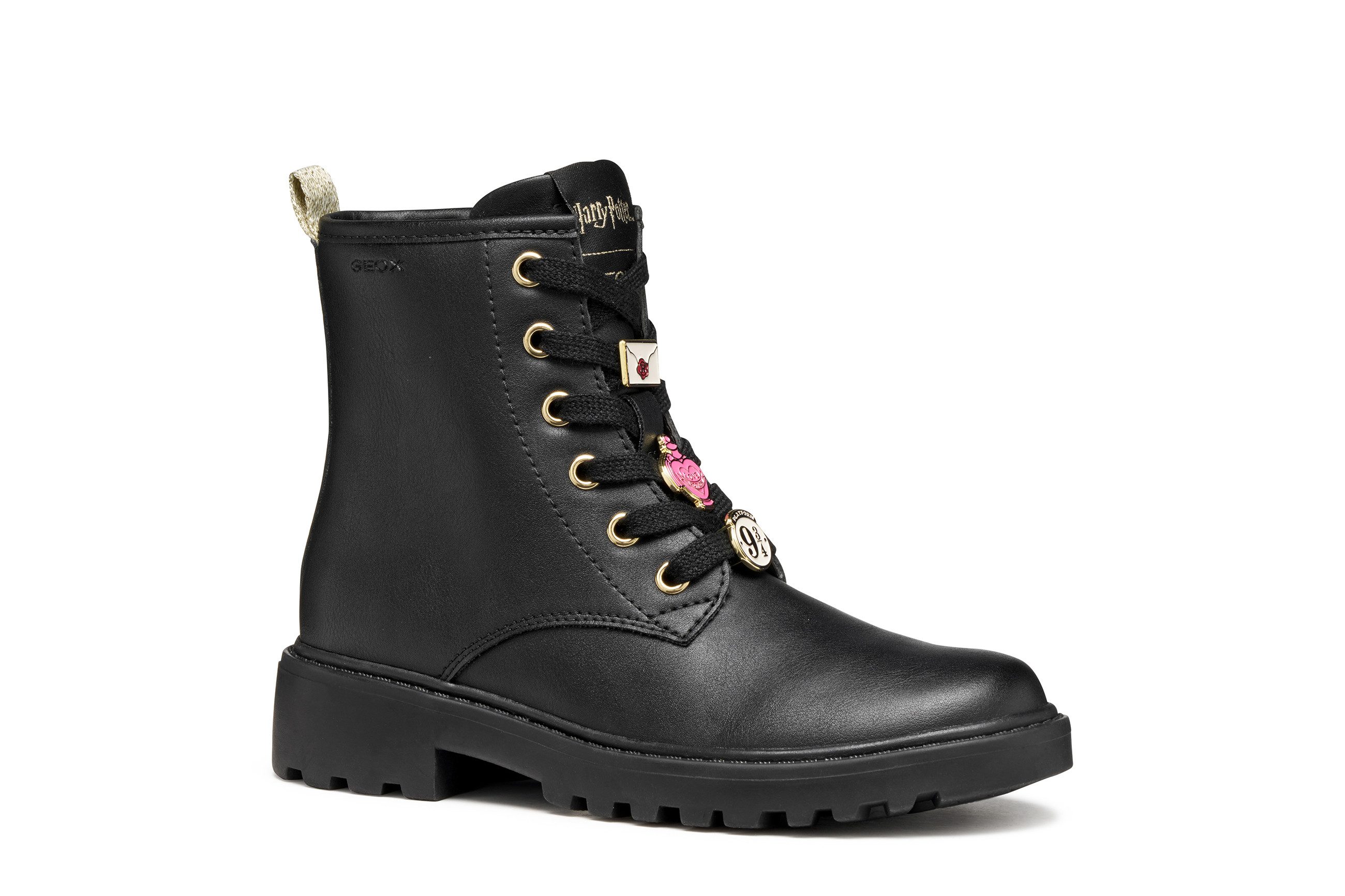 Geox J CASEY GIRL Harry Potter Schnürboots Stiefel, Biker Boots mit Blockabsatz