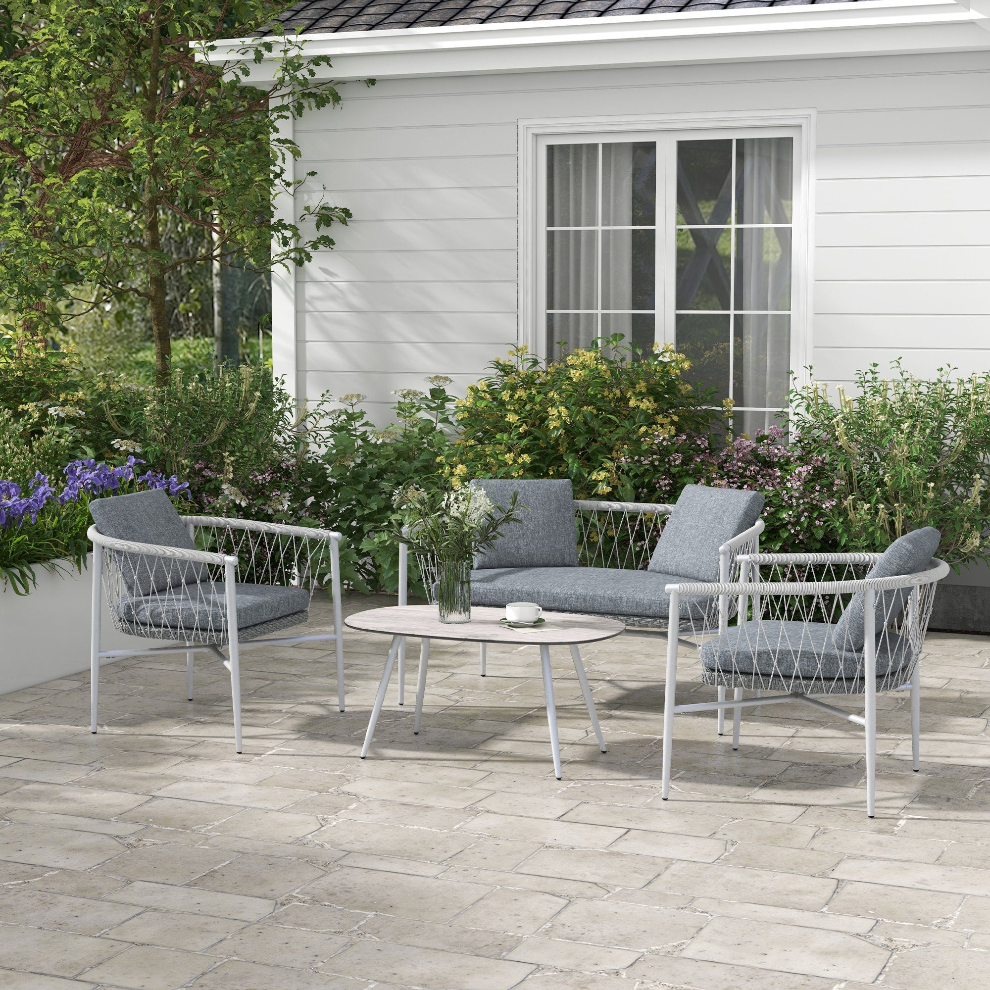 Outsunny Sitzgruppe 4 tlg. Rattan Gartenmöbel-Set mit 1 Couchtisch, 2 Sessel, 1 Doppelsofa, (Sitzgarnitur, 4-tlg., Gartengarnitur), für Garten, Terrasse, Stahl, Grau