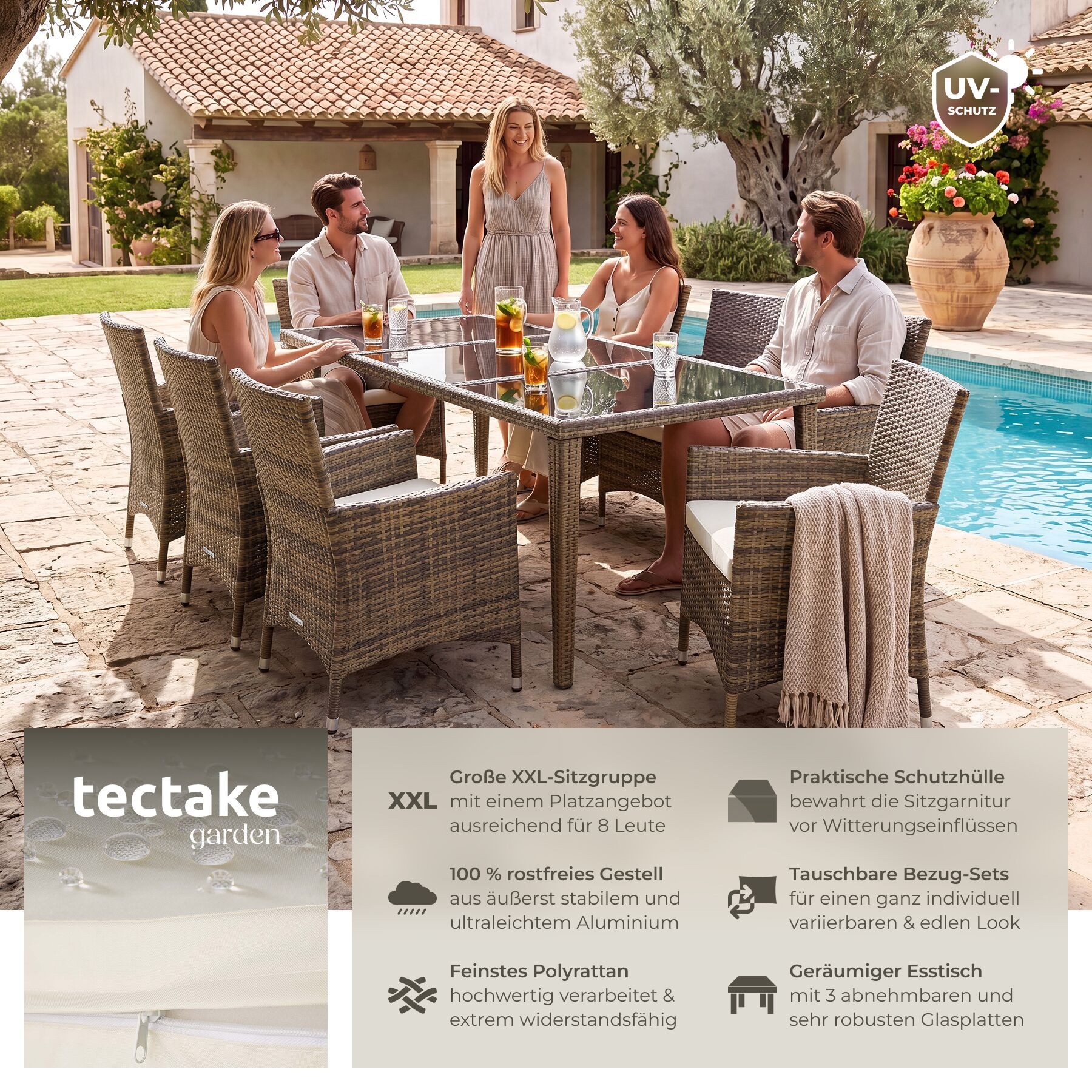 tectake Sitzgruppe Aluminium Rattan Gartenlounge mit Bezügen, inklusive Schutzhülle, (Loungeset Menorca, 9-tlg., für Außen in Naturfarben), wetterfest und UV-beständig, mit Sicherheitsglasplatten, pflegeleicht