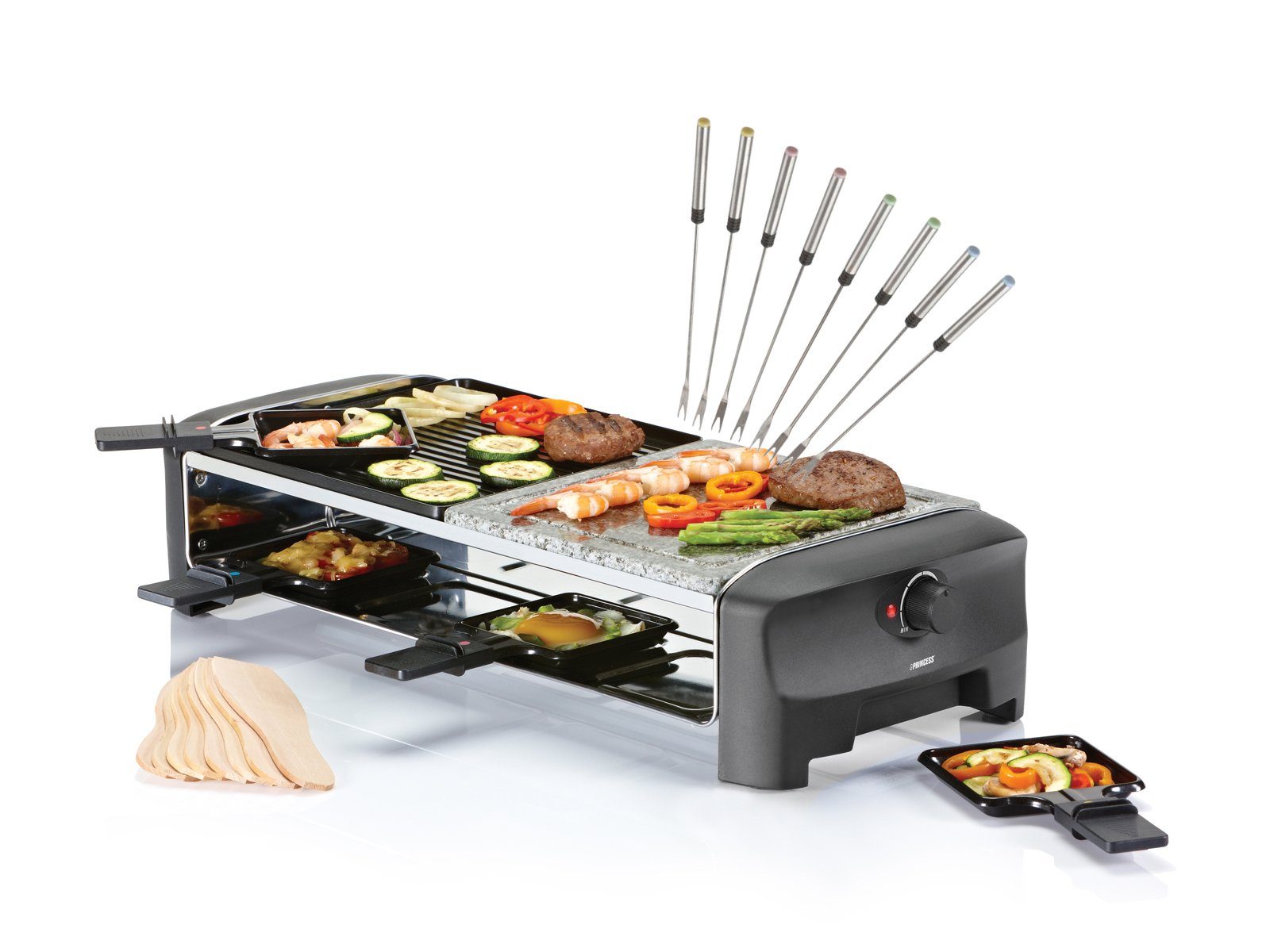 PRINCESS Raclette, 8 Raclettepfännchen, 1400 W, großes Gerät 2-8 Personen Tisch-Grill Stein & wendbare Griddle Platte