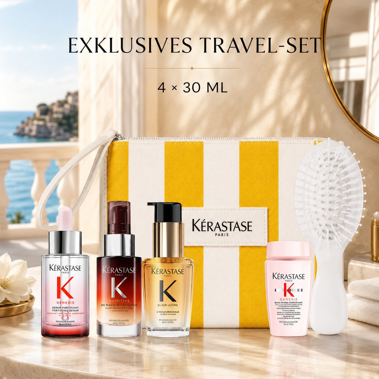 Kérastase Haarpflege-Set Iconics Travel Set mit Beauty Bag, 5-tlg., 3 Reisegrößen, 1 Mini und gratis Haarbürste